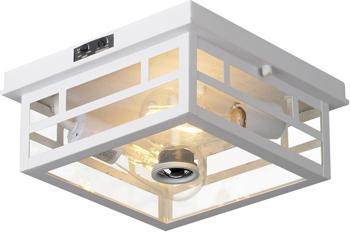 Outdoor Flush Mount Motion Sensor Ceiling Light - Timeless Industrial Design with Seeded Clear Glass for Your Porch, Driveway, Covered Patio, Farmhouse, and Entryway