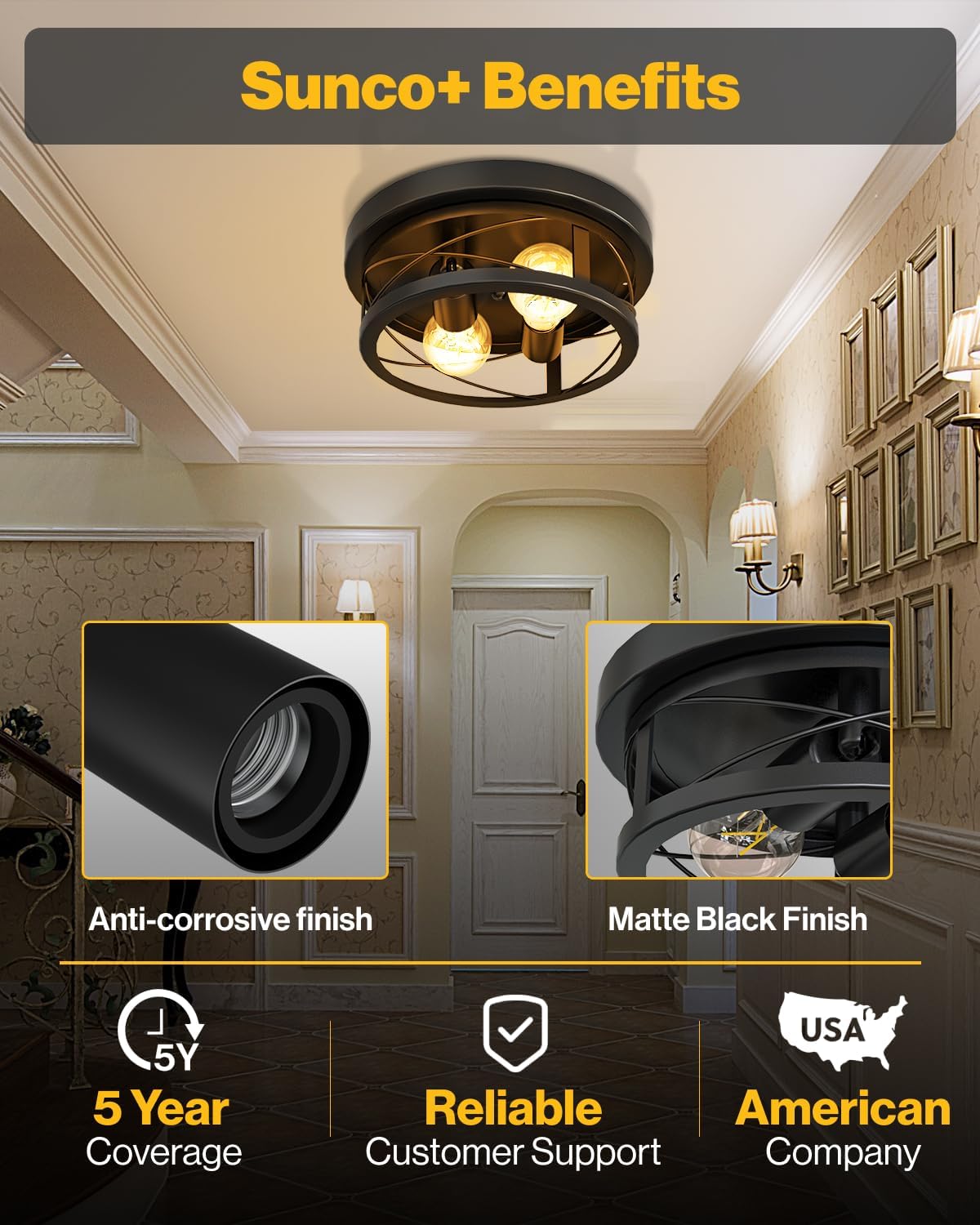 Sunco Farmhouse Ceiling Light Fixtures, Rustic Ceiling Light Fixture for Foyer, Bedroom, Hallway, Kitchen, Living Room, Den, 11 Inch Diameter, E26 Medium Base, Max 100W 2 Pack