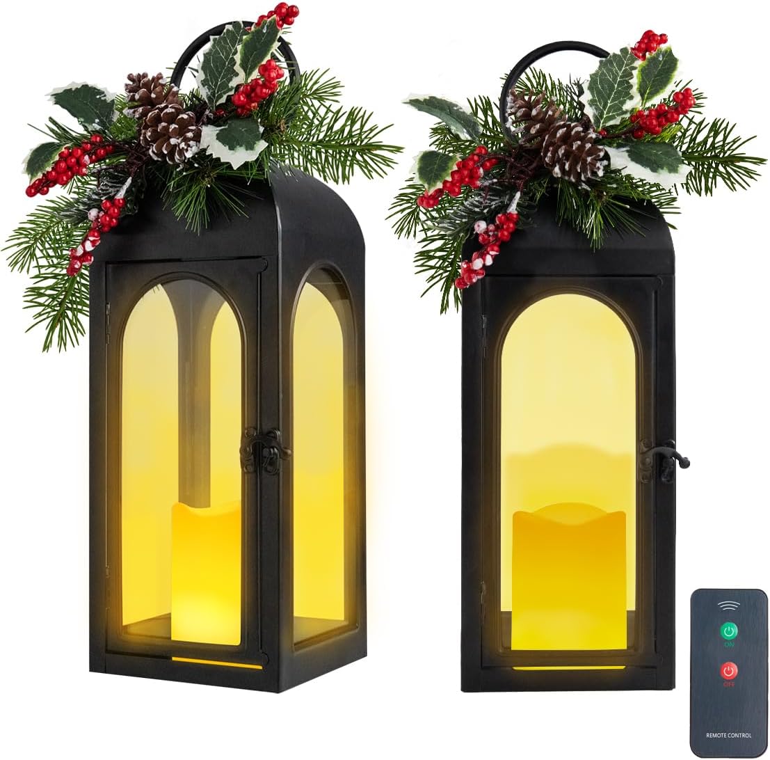 Bdor 2 Pack Luxury Black Metal Lanterns – 16" Tall Modern Hurricane Candle Lanterns with Tempered Glass Panels for Front Porch, Tabletop, Mantel, Wall Hanging, Garden, Indoor & Outdoor Décor