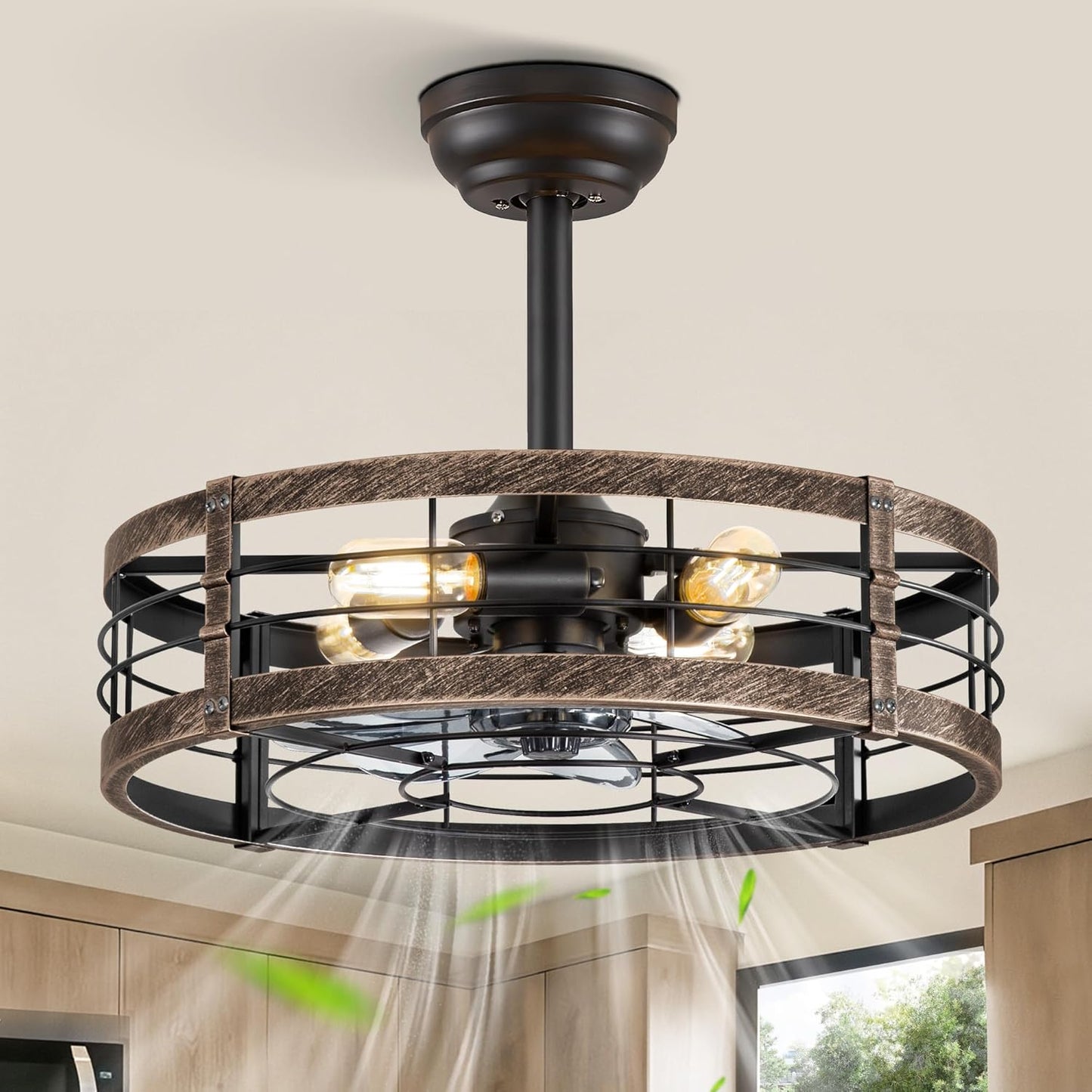 LEDIARY 20 inch Fandelier Caged Ceiling Fan with Light, Bladeless Ceiling Fan with Remote, Farmhouse Fan Lights Ceiling Fixtures for Kitchen, Bedroom, Outdoor(6 Speed, Timing)-Black