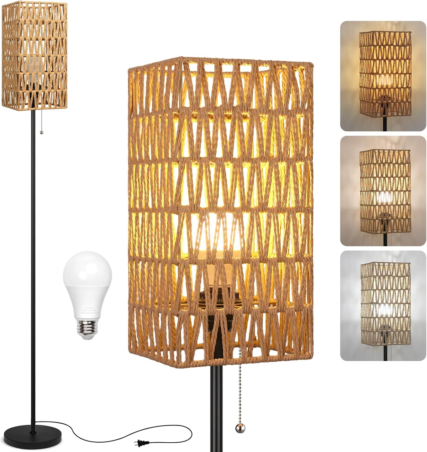 Floor Lamp for Living Room,Farmhouse Rattan Floor lamp,Modern Standing lamp with 3 Color LED Bulb,Black Tall Lamp with Foot Switch