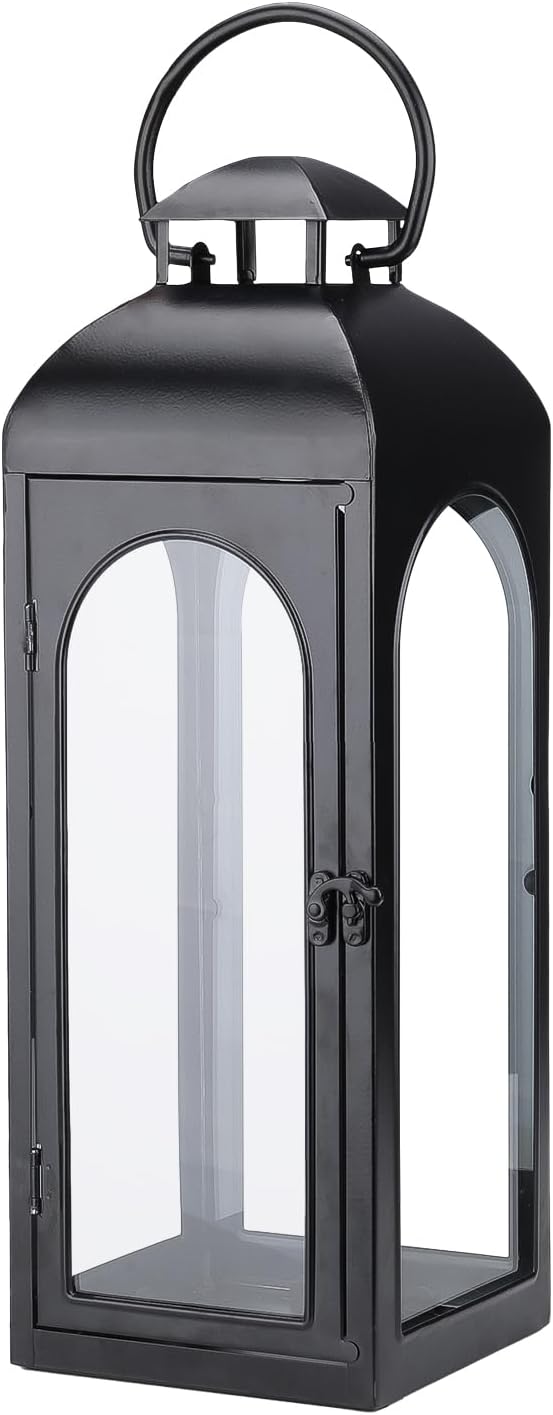 Bdor 2 Pack Luxury Black Metal Lanterns – 16" Tall Modern Hurricane Candle Lanterns with Tempered Glass Panels for Front Porch, Tabletop, Mantel, Wall Hanging, Garden, Indoor & Outdoor Décor