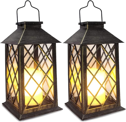 SHYMERY Solar Lantern,Outdoor Garden Hanging Lanterns,2 Pack 14 Inch Lasts 3X Longer 10 lumens Waterproof LED Flickering Flameless Candle Mission Lights for Table,Outdoor,Party Decorative