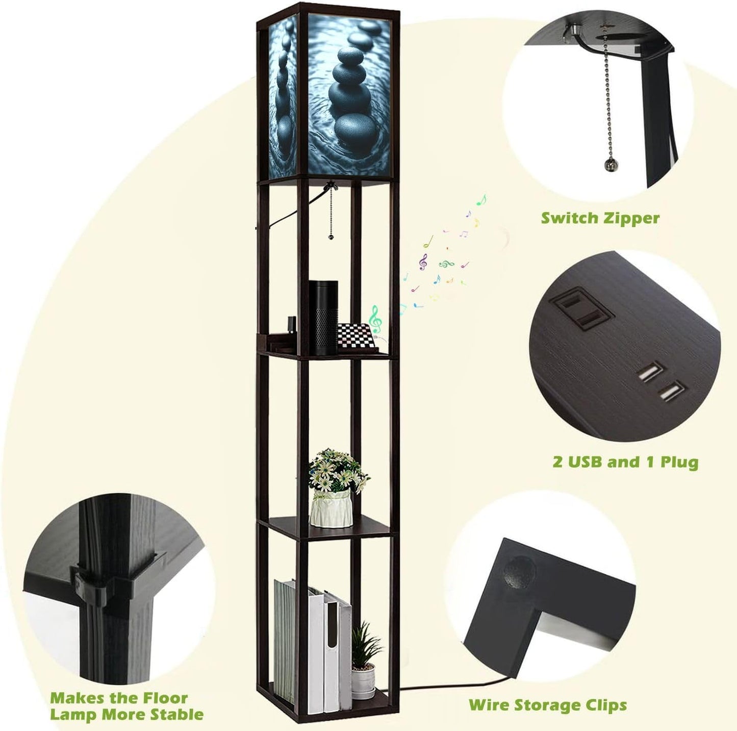 Floor Lamp with Shelves Wet Balance Standing Tall Lamp USB Ports & Power Outlet Modern Corner Lamp Nightstand Light for Living Room Bedroom