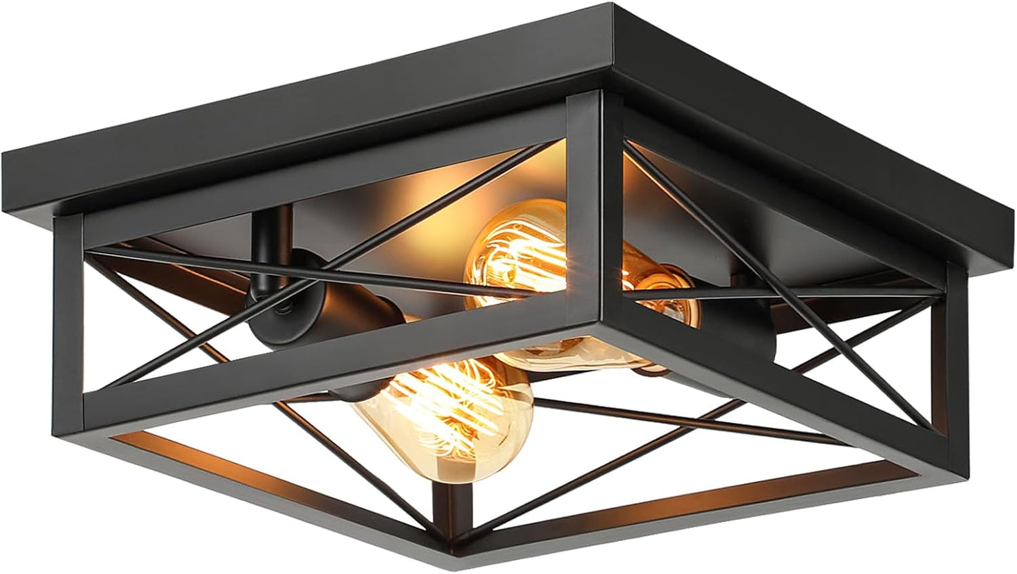 2-Light Industrial Square Flush Mount Ceiling Light, Farmhouse Ceiling Light Fixture for Kitchen, Modern Black Close to Ceiling Light for Hallway Bedroom Balcony Porch Stairway, E26, 2-Pack