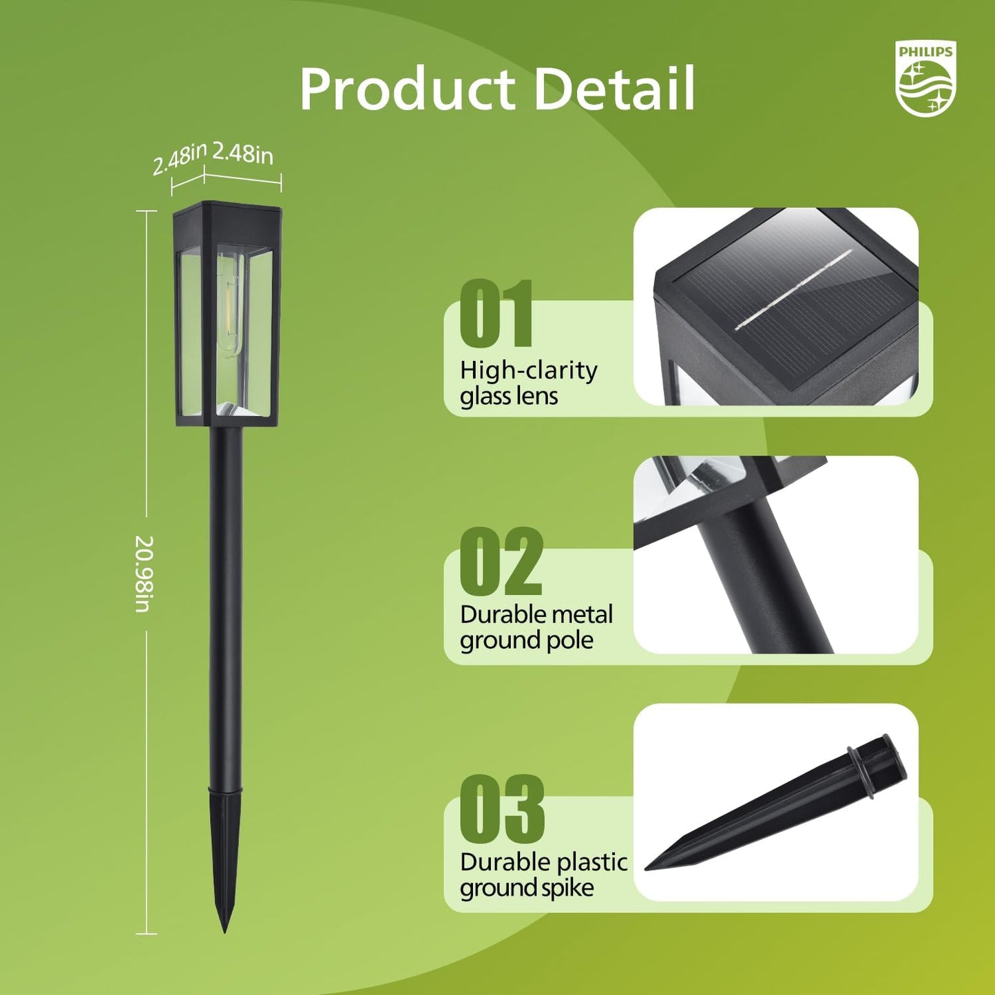 Philips 8 Packs Solar Pathway Lights Outdoor, Glass Metal Led Garden Landscape Lightings, 3000K Warm White, Waterproof for Decor Yard, Walkway, Patio, Driveway, Lawn