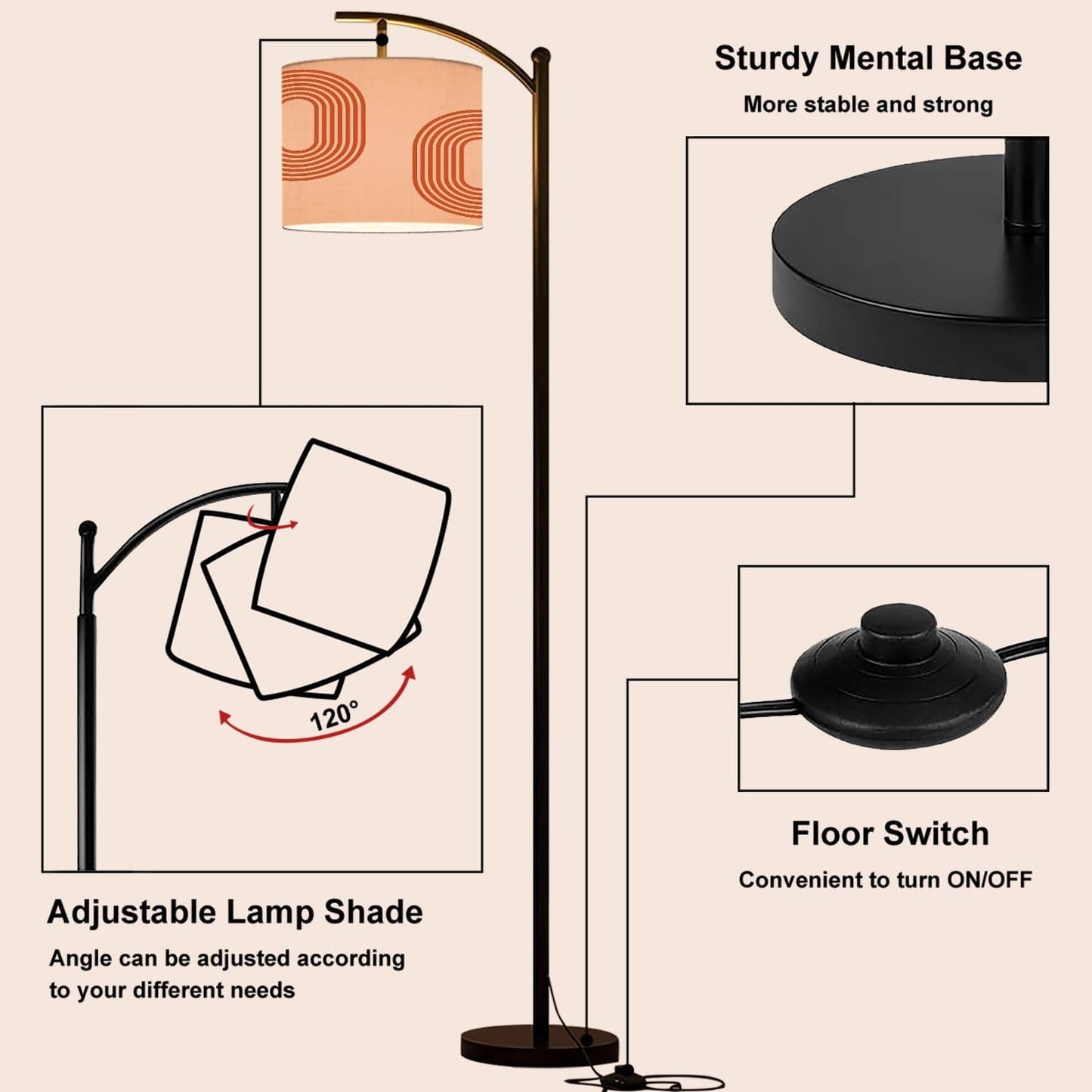 Arc Floor Lamp Abstract contemporary aesthetic geometric balance shapes rainbow Boho Tall Standing Lamp Modern Dimmable with Remote Adjustable Drum Shade Footswitch for Living Room Bedroom Office