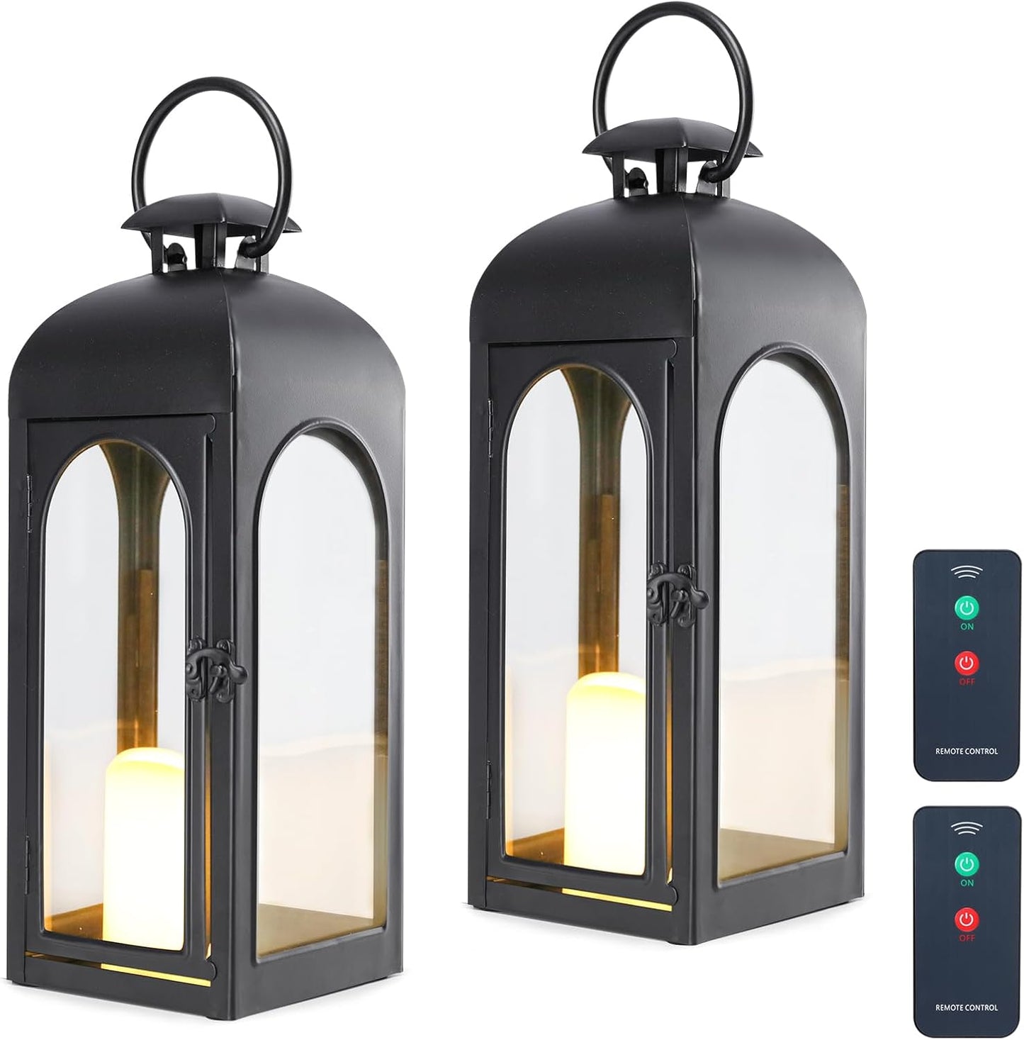 Bdor 2 Pack Luxury Black Metal Lanterns – 16" Tall Modern Hurricane Candle Lanterns with Tempered Glass Panels for Front Porch, Tabletop, Mantel, Wall Hanging, Garden, Indoor & Outdoor Décor