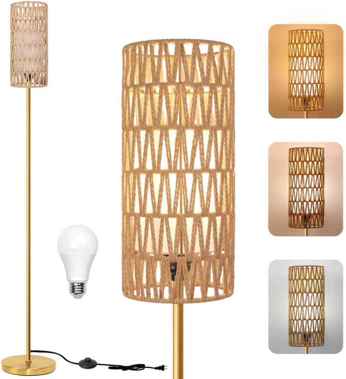 Floor Lamp for Living Room,Farmhouse Rattan Floor lamp,Modern Standing lamp with 3 Color LED Bulb,Black Tall Lamp with Foot Switch