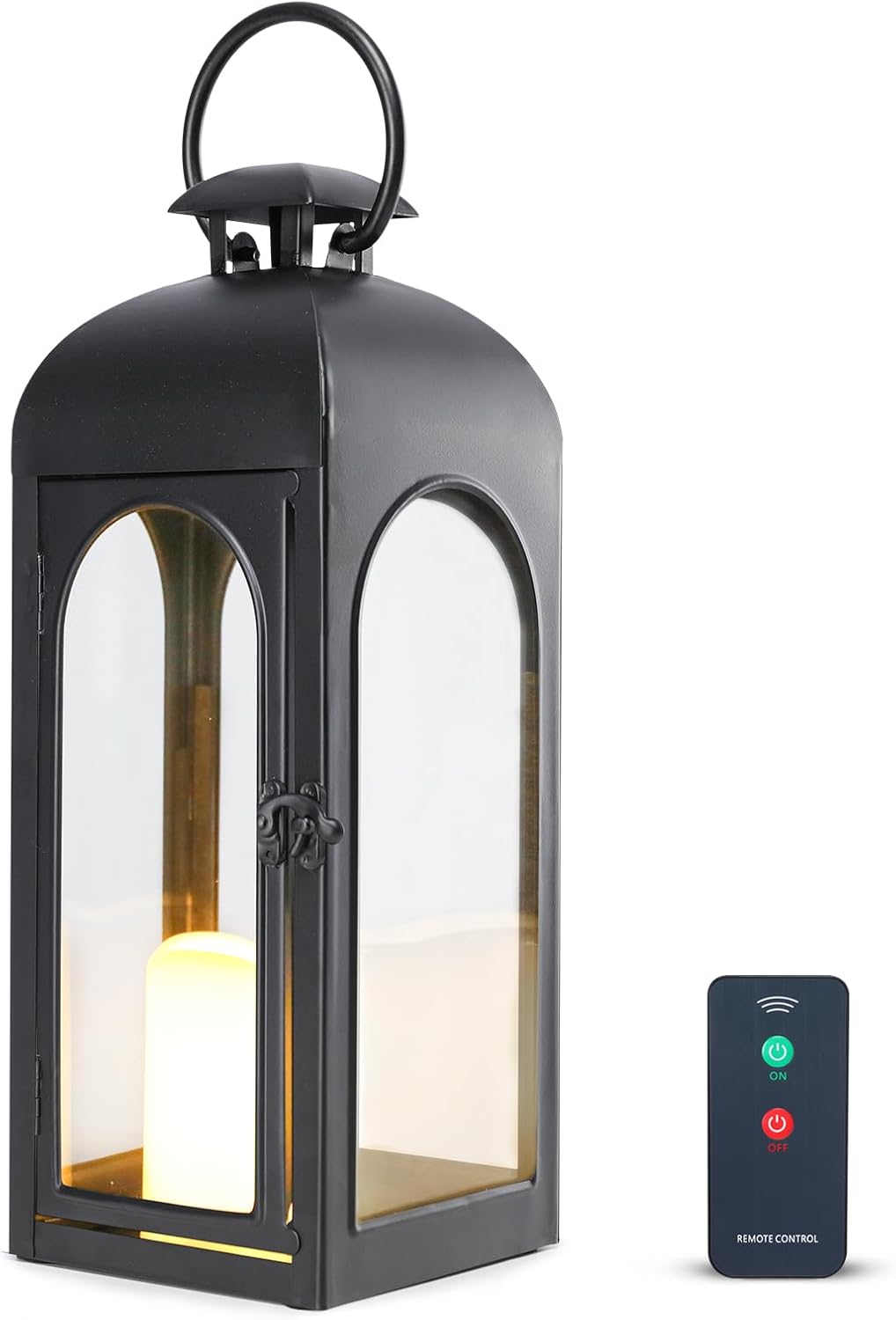 Bdor 2 Pack Luxury Black Metal Lanterns – 16" Tall Modern Hurricane Candle Lanterns with Tempered Glass Panels for Front Porch, Tabletop, Mantel, Wall Hanging, Garden, Indoor & Outdoor Décor