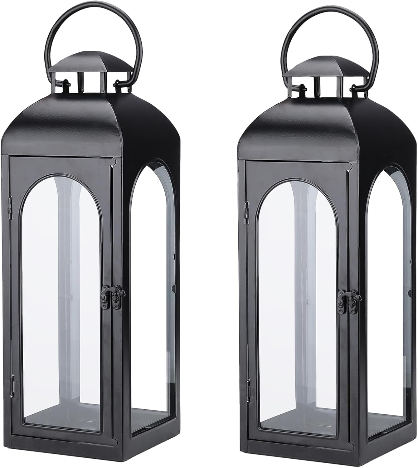 Bdor 2 Pack Luxury Black Metal Lanterns – 16" Tall Modern Hurricane Candle Lanterns with Tempered Glass Panels for Front Porch, Tabletop, Mantel, Wall Hanging, Garden, Indoor & Outdoor Décor