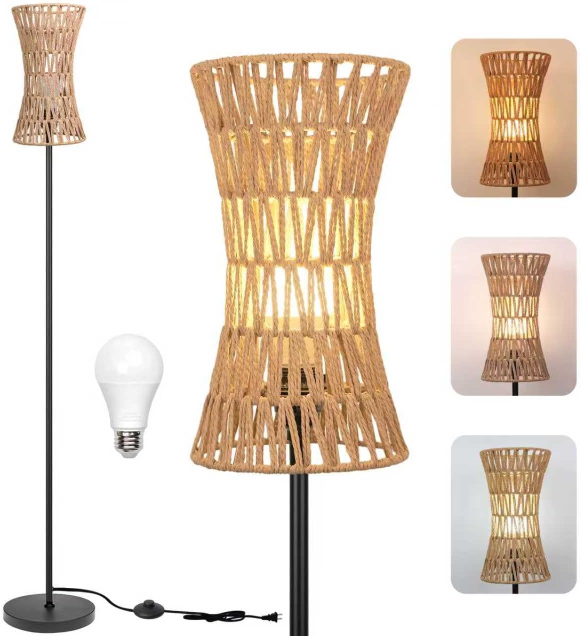 Floor Lamp for Living Room,Farmhouse Rattan Floor lamp,Modern Standing lamp with 3 Color LED Bulb,Black Tall Lamp with Foot Switch