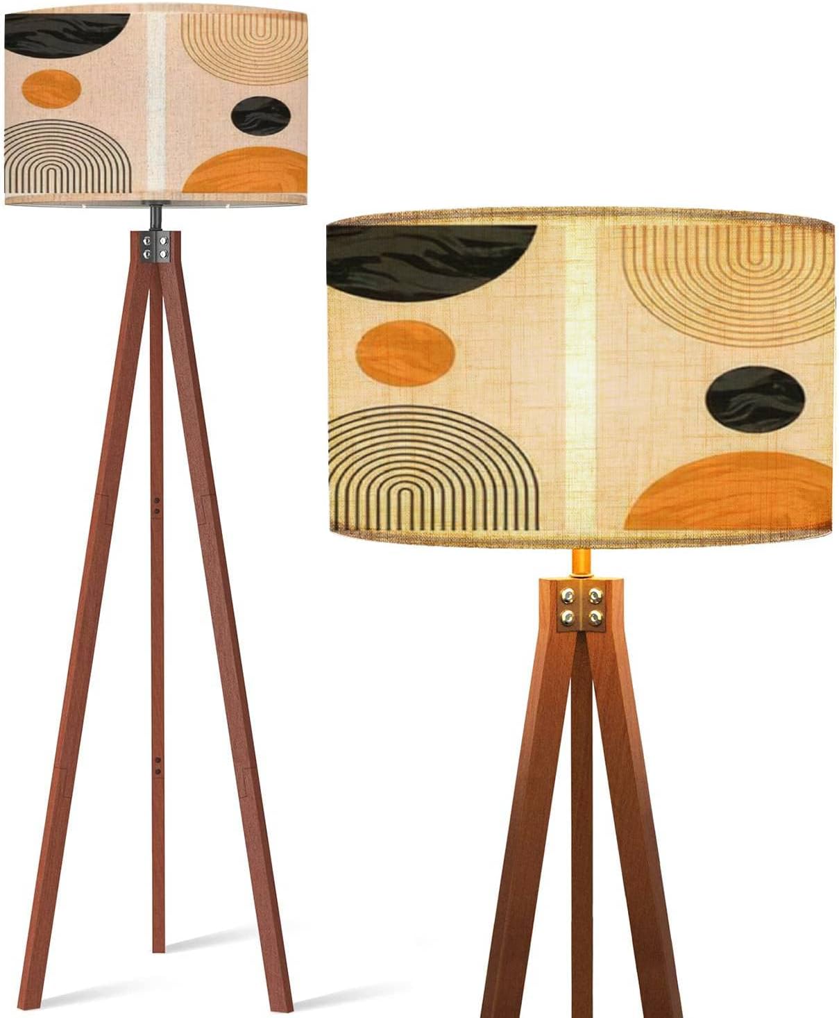 Wood Tripod Floor Lamp Abstract contemporary aesthetic backgrounds set geometric balance Linen Lampshade Dimmable Tall Corner Standing Lamp Modern Floor Reading Lamp for Living Room Bedroom