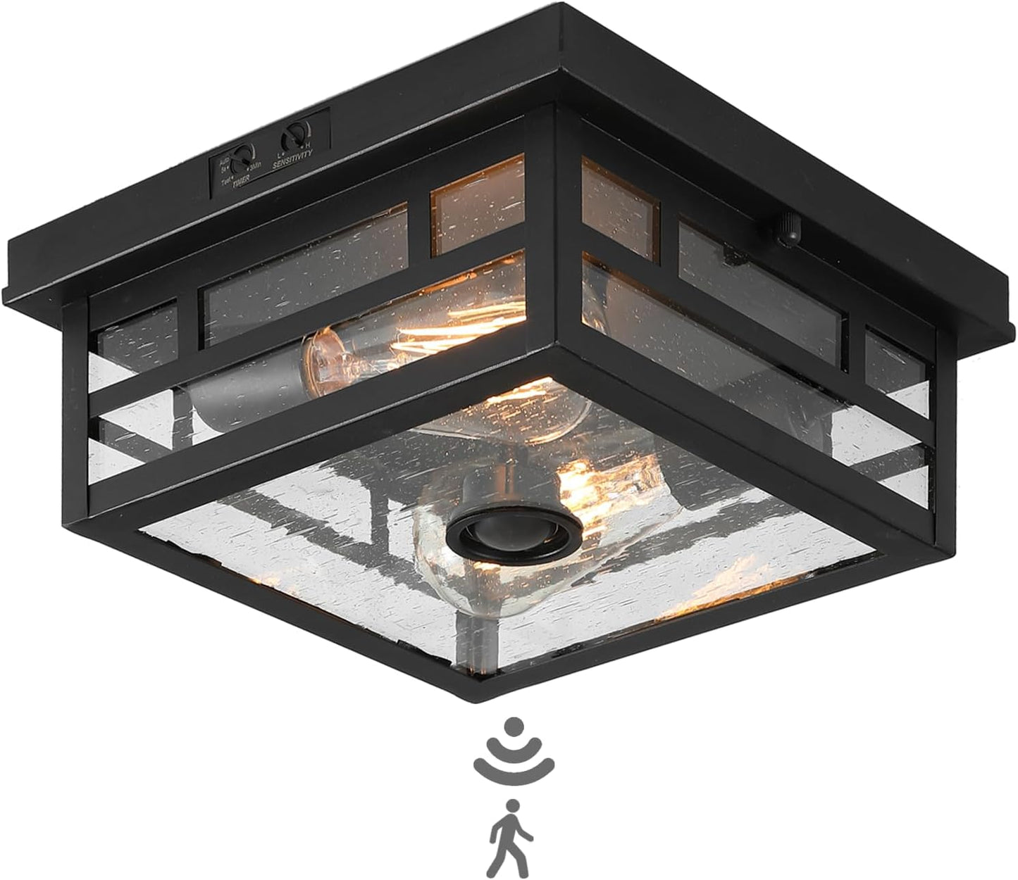 Outdoor Flush Mount Motion Sensor Ceiling Light - Timeless Industrial Design with Seeded Clear Glass for Your Porch, Driveway, Covered Patio, Farmhouse, and Entryway