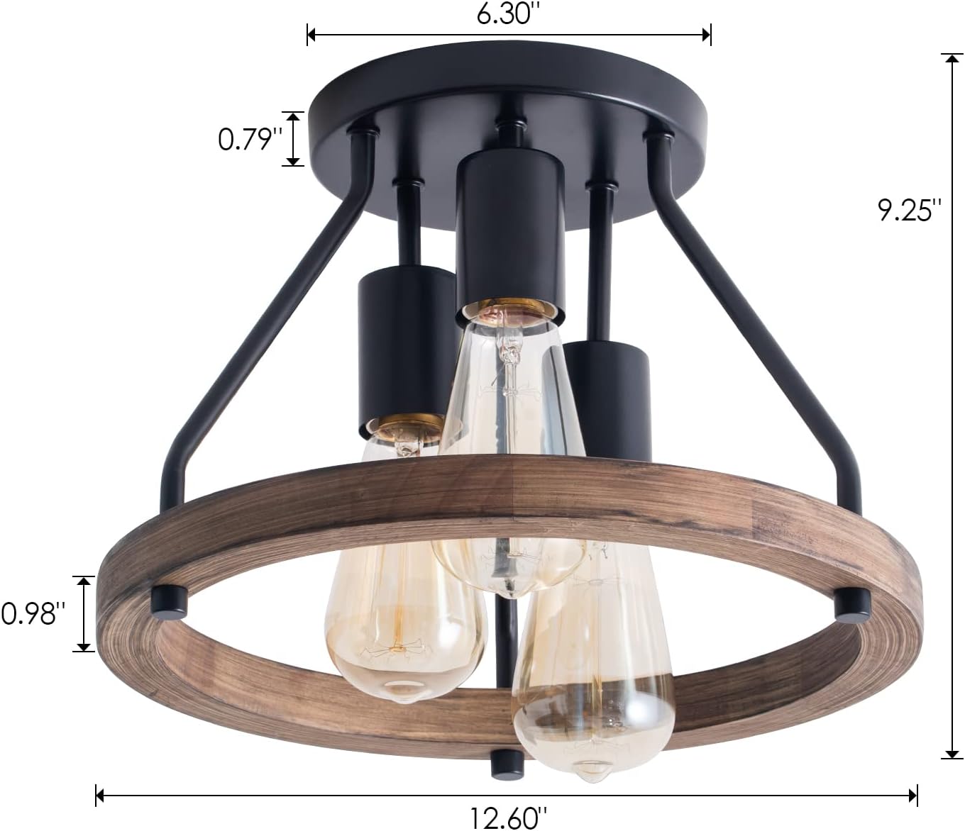 VILUXY Industrial Flush Mount Ceiling Light Fixture with Retro Wood Circle Shade for Hallway, Entryway, Bedroom, Balcony Passway 3-Light