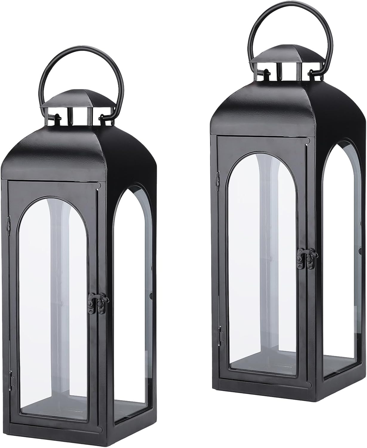 Bdor 2 Pack Luxury Black Metal Lanterns – 16" Tall Modern Hurricane Candle Lanterns with Tempered Glass Panels for Front Porch, Tabletop, Mantel, Wall Hanging, Garden, Indoor & Outdoor Décor