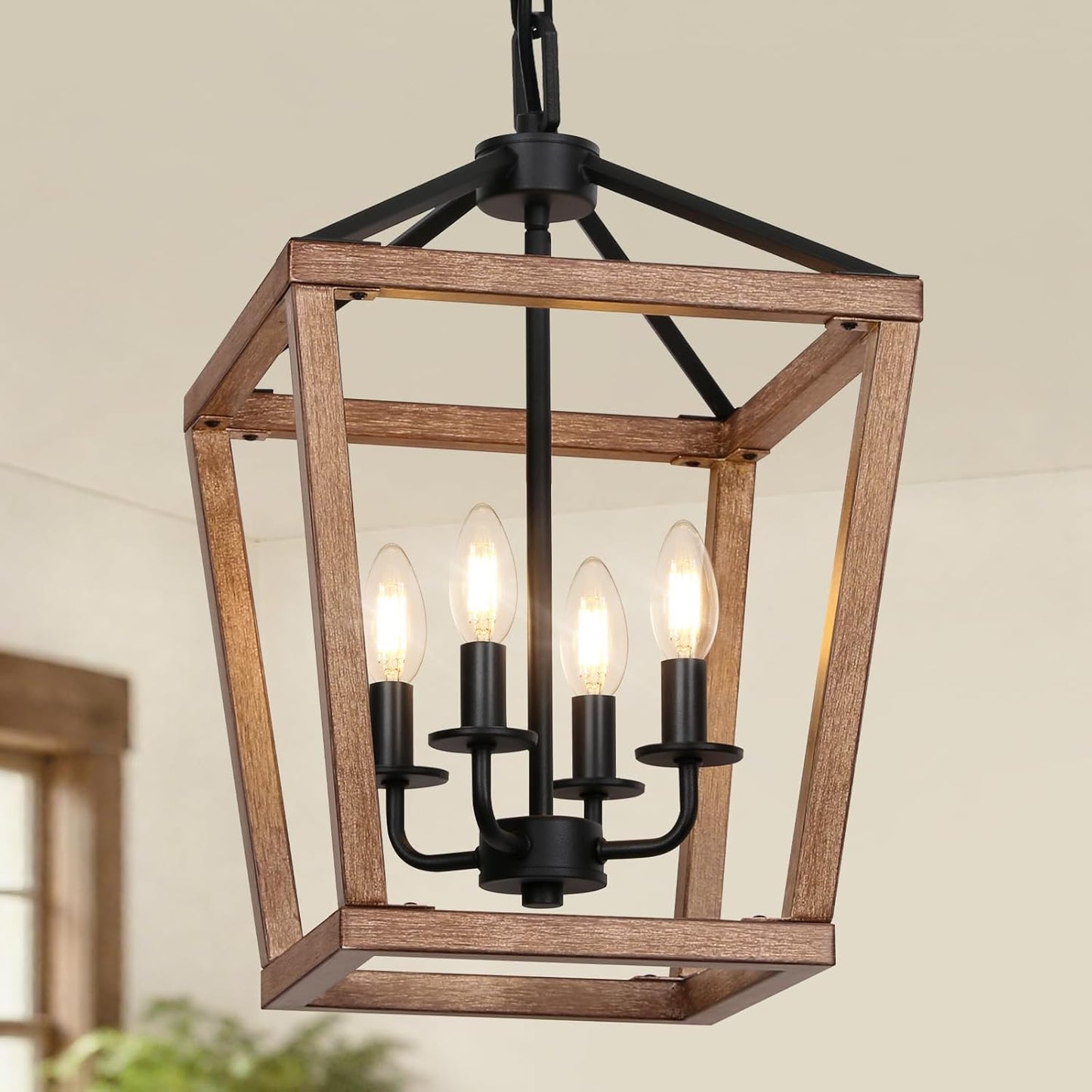 4 Light Chandelier, Industrial Ceiling Light Black Lantern Light Fixtures with Farmhouse Metal Cage Adjustable Height Rustic Geometric Hanging Light E12 Base for Kitchen Island, Entryway, Indoor