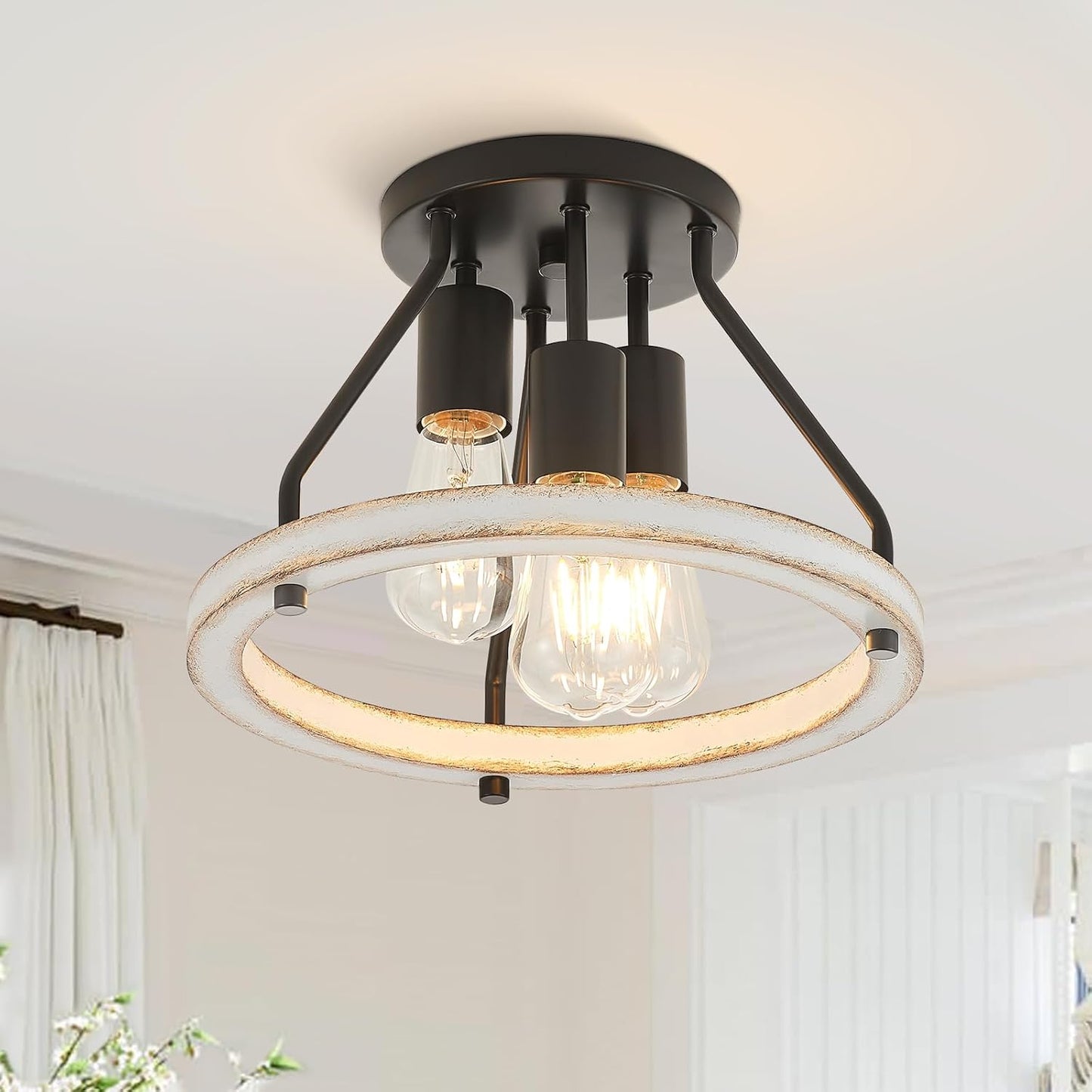 VILUXY Industrial Flush Mount Ceiling Light Fixture with Retro Wood Circle Shade for Hallway, Entryway, Bedroom, Balcony Passway 3-Light