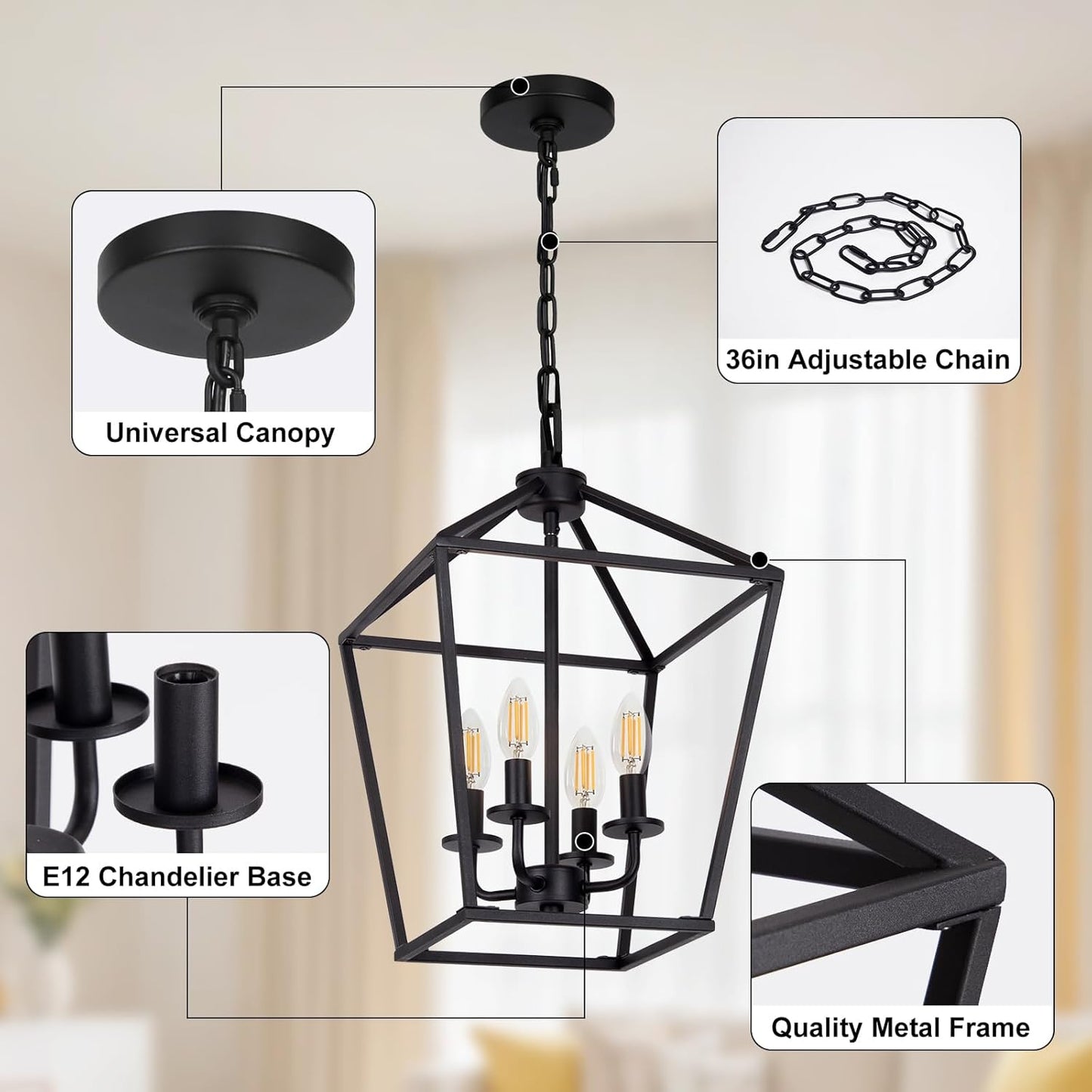 4 Light Chandelier, Industrial Ceiling Light Black Lantern Light Fixtures with Farmhouse Metal Cage Adjustable Height Rustic Geometric Hanging Light E12 Base for Kitchen Island, Entryway, Indoor