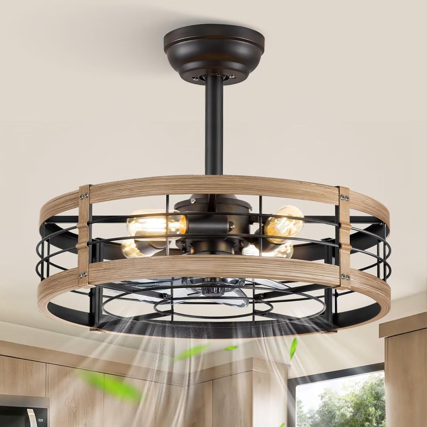 LEDIARY 20 inch Fandelier Caged Ceiling Fan with Light, Bladeless Ceiling Fan with Remote, Farmhouse Fan Lights Ceiling Fixtures for Kitchen, Bedroom, Outdoor(6 Speed, Timing)-Black