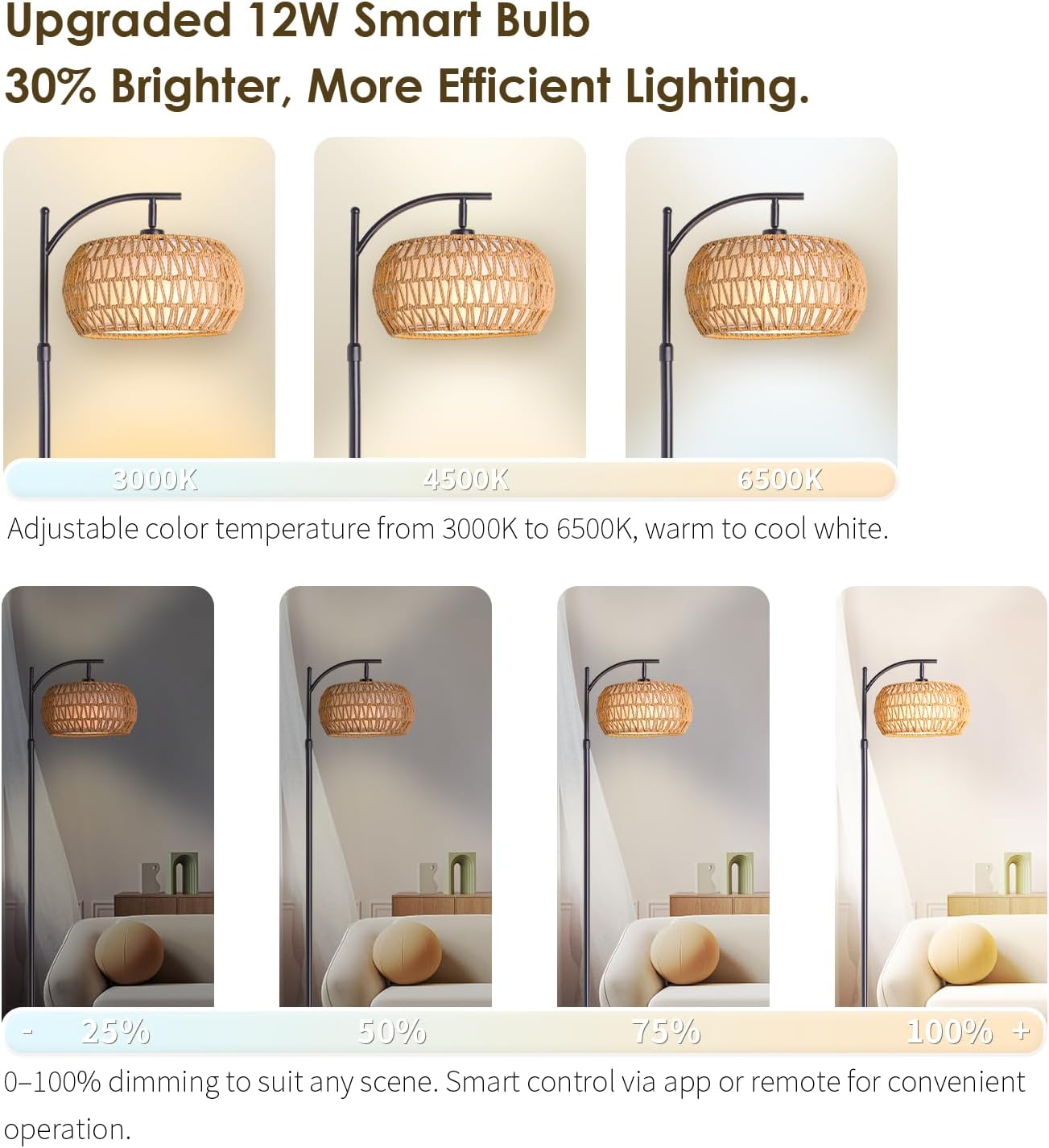 Boho Rattan Floor Lamp with Shade - 12W Bright LED Bulb, Adjustable Height 48-60 Inch, Remote Control 3 Color Temperatures,Farmhouse Handwoven Arc Standing Light for Living Room Bedroom