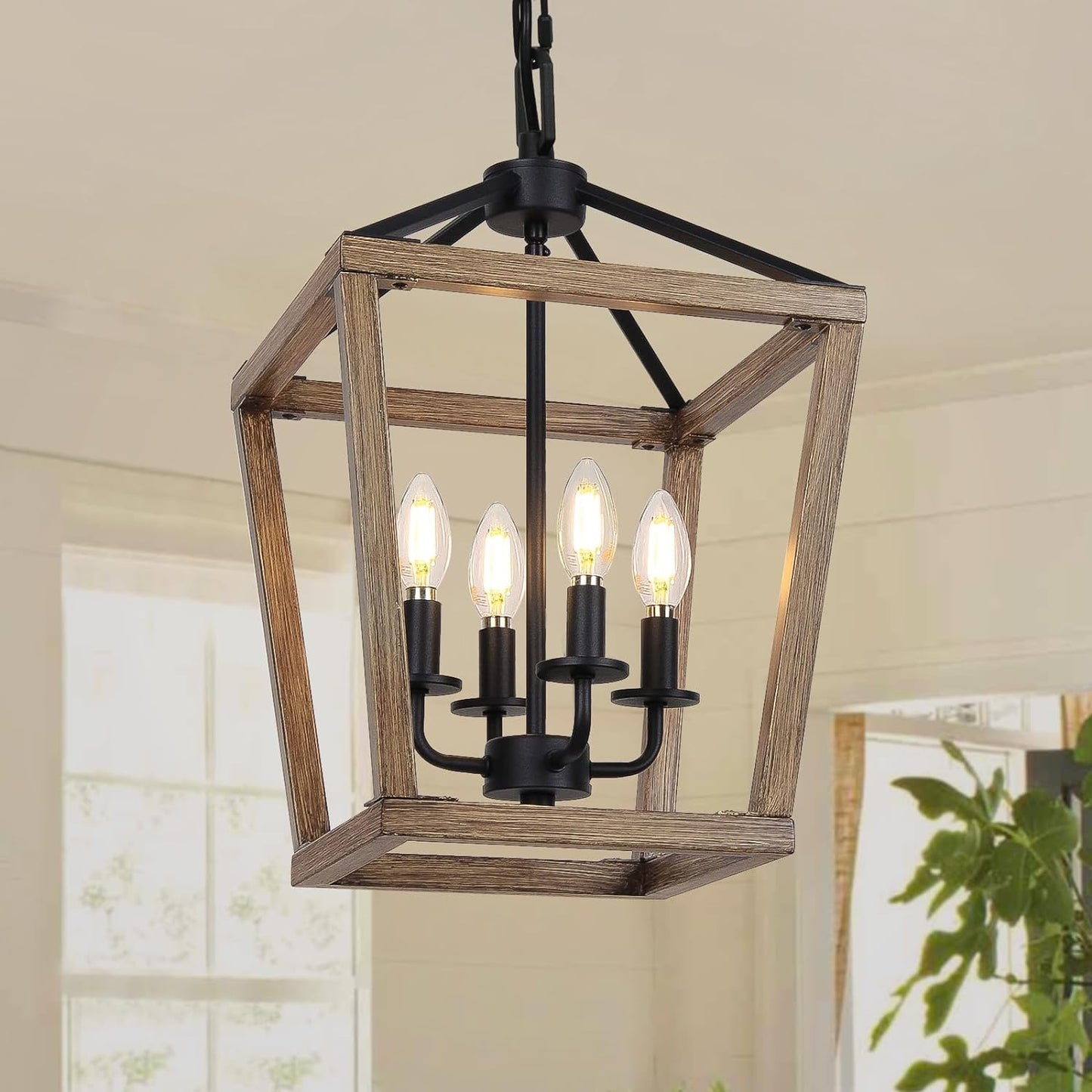 4 Light Chandelier, Industrial Ceiling Light Black Lantern Light Fixtures with Farmhouse Metal Cage Adjustable Height Rustic Geometric Hanging Light E12 Base for Kitchen Island, Entryway, Indoor