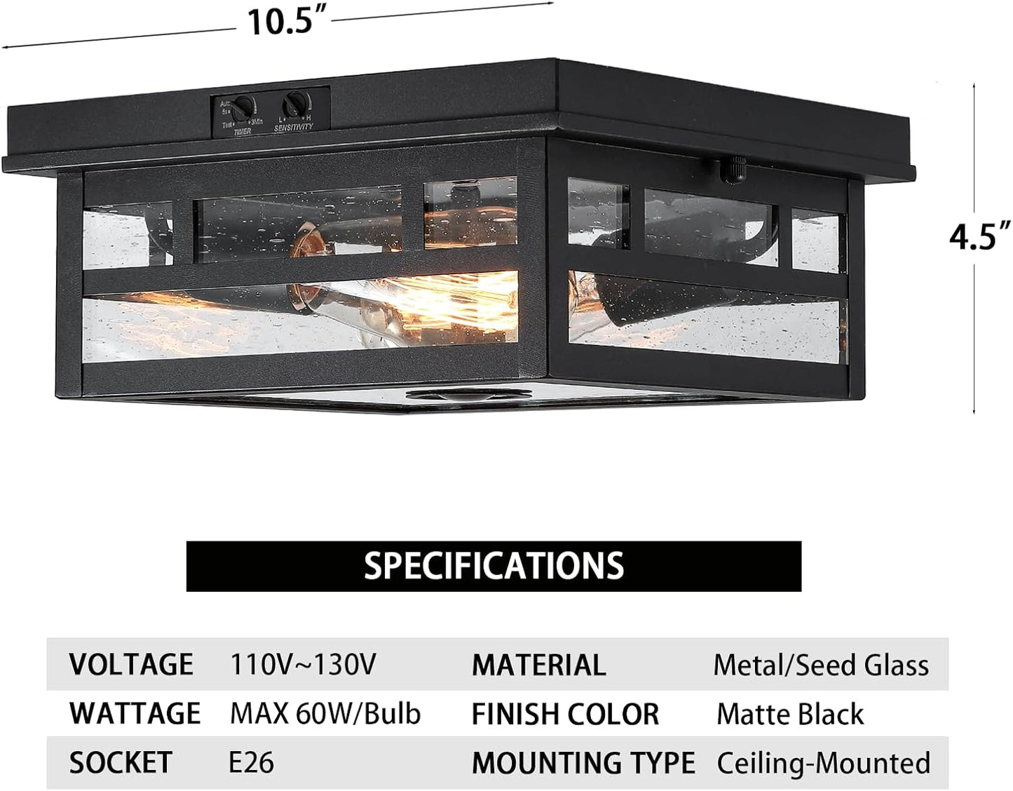 Outdoor Flush Mount Motion Sensor Ceiling Light - Timeless Industrial Design with Seeded Clear Glass for Your Porch, Driveway, Covered Patio, Farmhouse, and Entryway