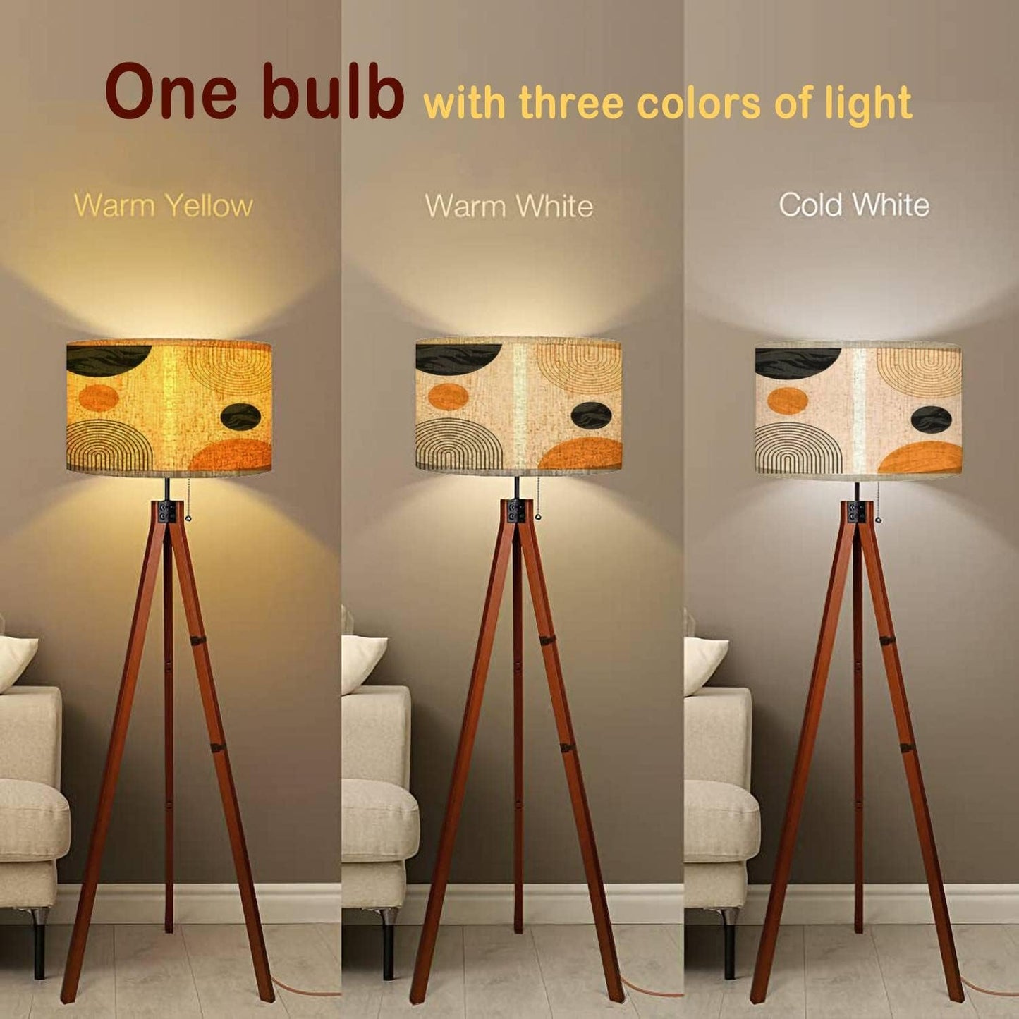 Wood Tripod Floor Lamp Abstract contemporary aesthetic backgrounds set geometric balance Linen Lampshade Dimmable Tall Corner Standing Lamp Modern Floor Reading Lamp for Living Room Bedroom