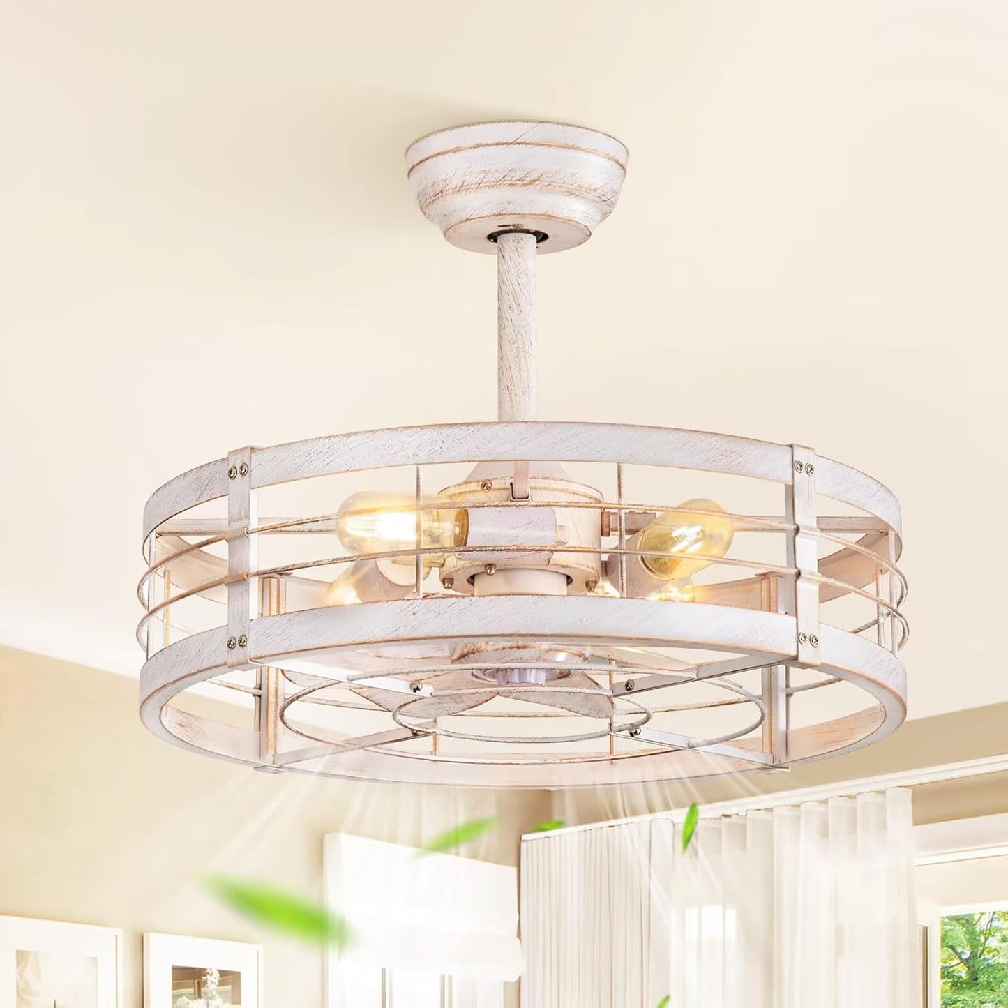 LEDIARY 20 inch Fandelier Caged Ceiling Fan with Light, Bladeless Ceiling Fan with Remote, Farmhouse Fan Lights Ceiling Fixtures for Kitchen, Bedroom, Outdoor(6 Speed, Timing)-Black