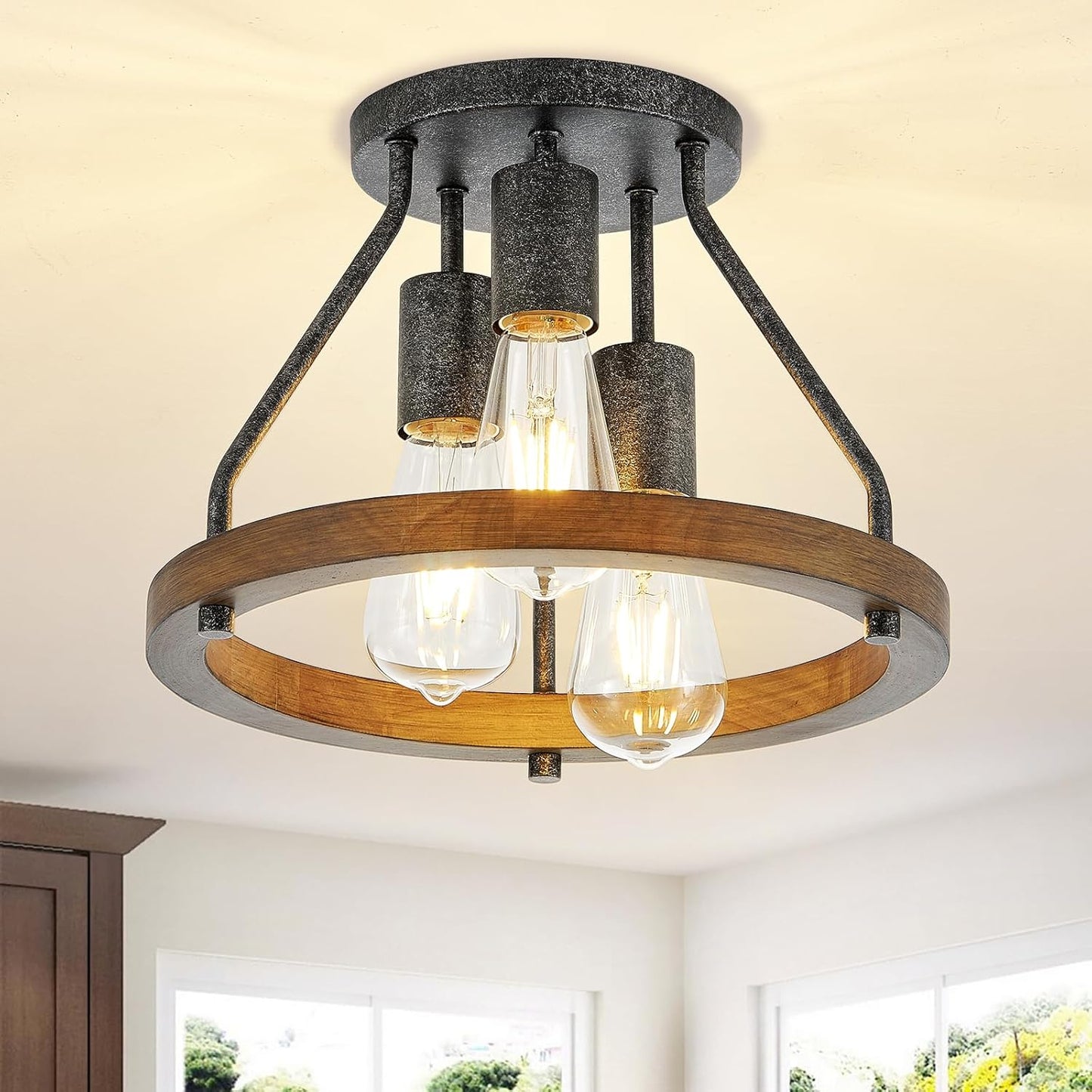 VILUXY Industrial Flush Mount Ceiling Light Fixture with Retro Wood Circle Shade for Hallway, Entryway, Bedroom, Balcony Passway 3-Light
