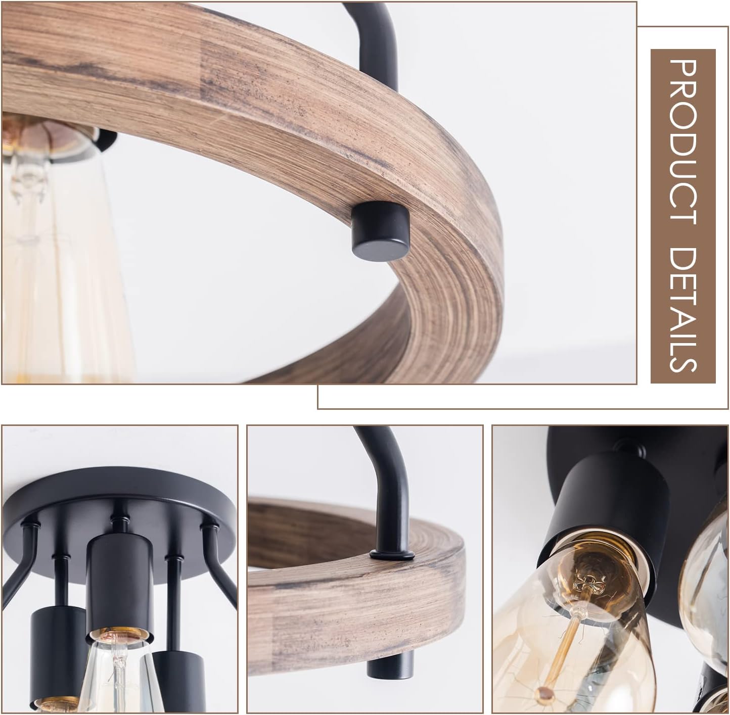 VILUXY Industrial Flush Mount Ceiling Light Fixture with Retro Wood Circle Shade for Hallway, Entryway, Bedroom, Balcony Passway 3-Light