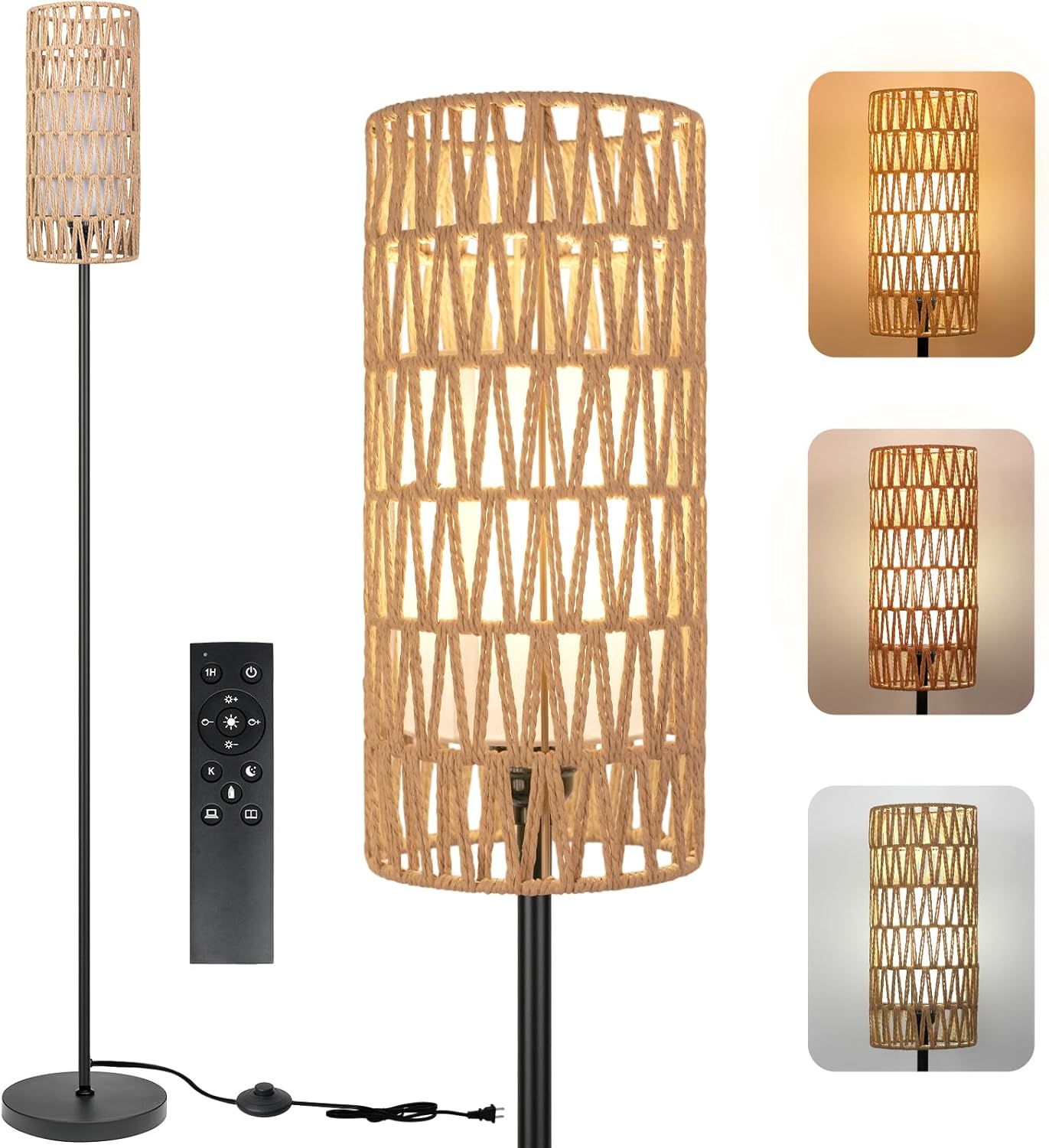 Floor Lamp for Living Room,Farmhouse Rattan Floor lamp,Modern Standing lamp with 3 Color LED Bulb,Black Tall Lamp with Foot Switch
