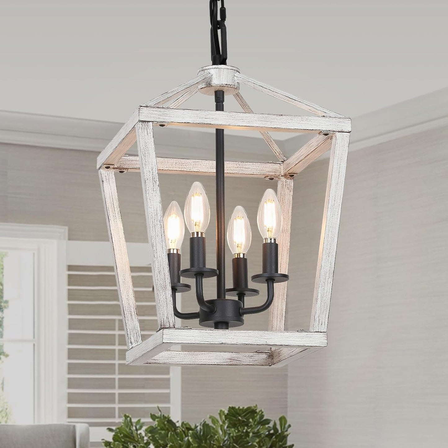 4 Light Chandelier, Industrial Ceiling Light Black Lantern Light Fixtures with Farmhouse Metal Cage Adjustable Height Rustic Geometric Hanging Light E12 Base for Kitchen Island, Entryway, Indoor