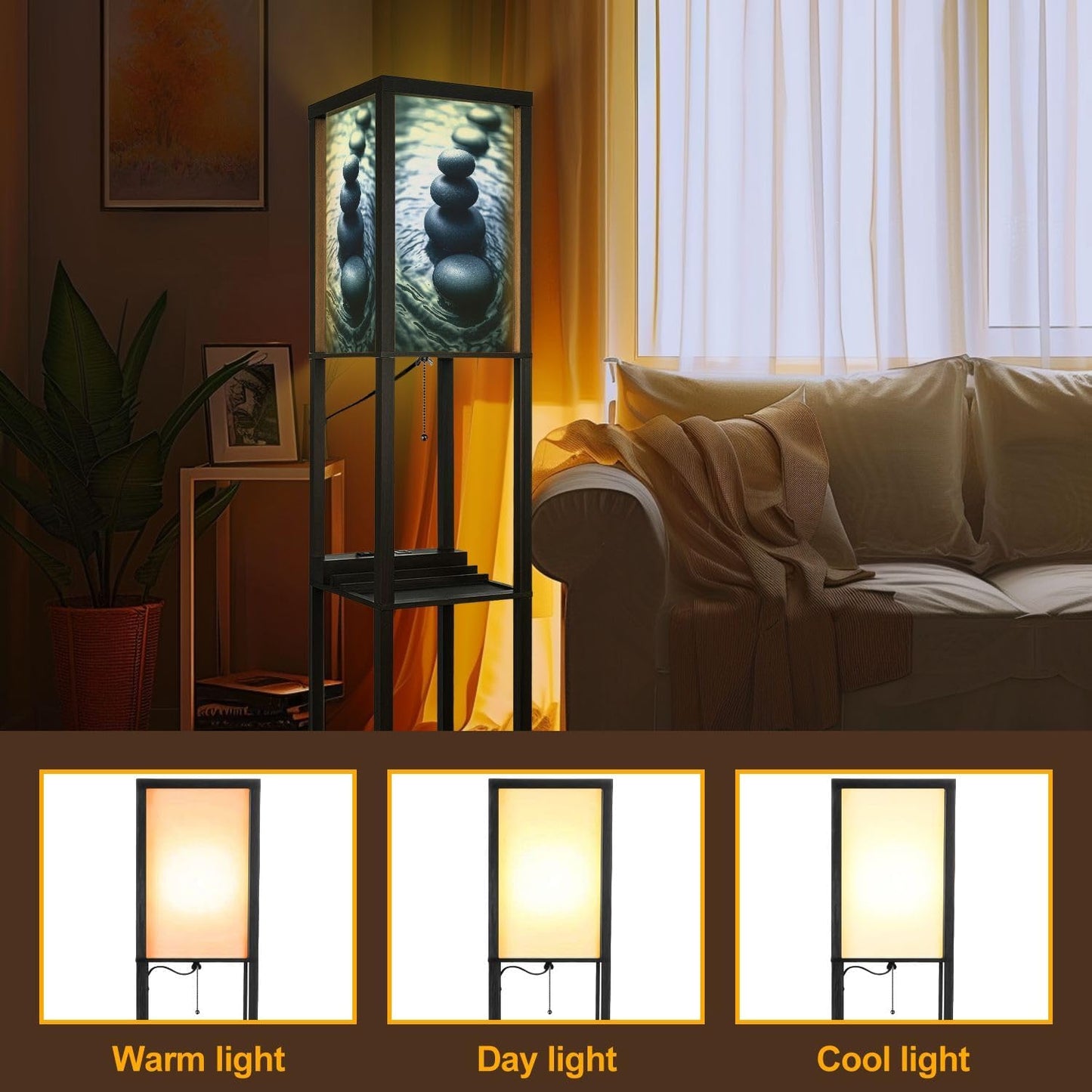 Floor Lamp with Shelves Wet Balance Standing Tall Lamp USB Ports & Power Outlet Modern Corner Lamp Nightstand Light for Living Room Bedroom