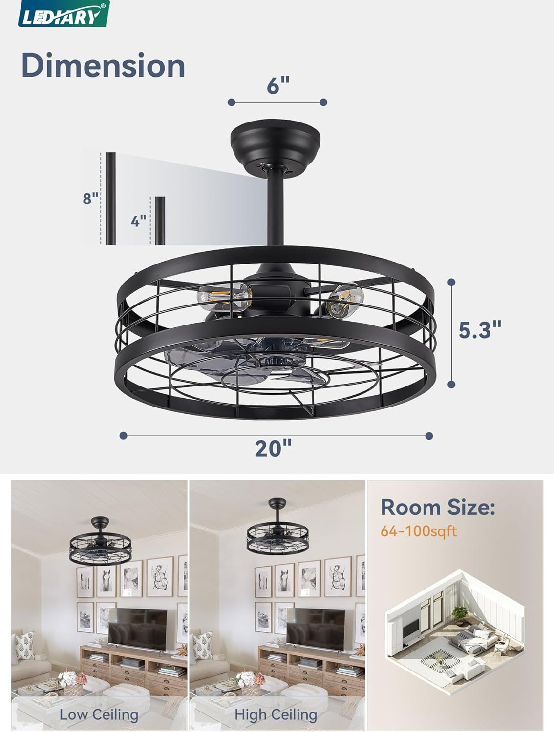 LEDIARY 20 inch Fandelier Caged Ceiling Fan with Light, Bladeless Ceiling Fan with Remote, Farmhouse Fan Lights Ceiling Fixtures for Kitchen, Bedroom, Outdoor(6 Speed, Timing)-Black