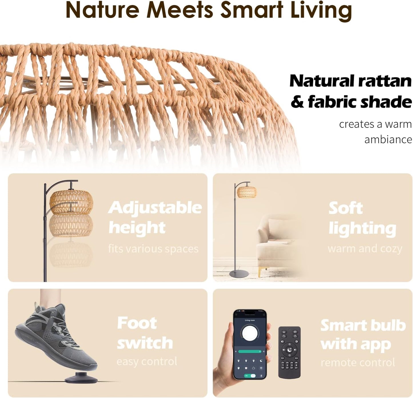 Boho Rattan Floor Lamp with Shade - 12W Bright LED Bulb, Adjustable Height 48-60 Inch, Remote Control 3 Color Temperatures,Farmhouse Handwoven Arc Standing Light for Living Room Bedroom