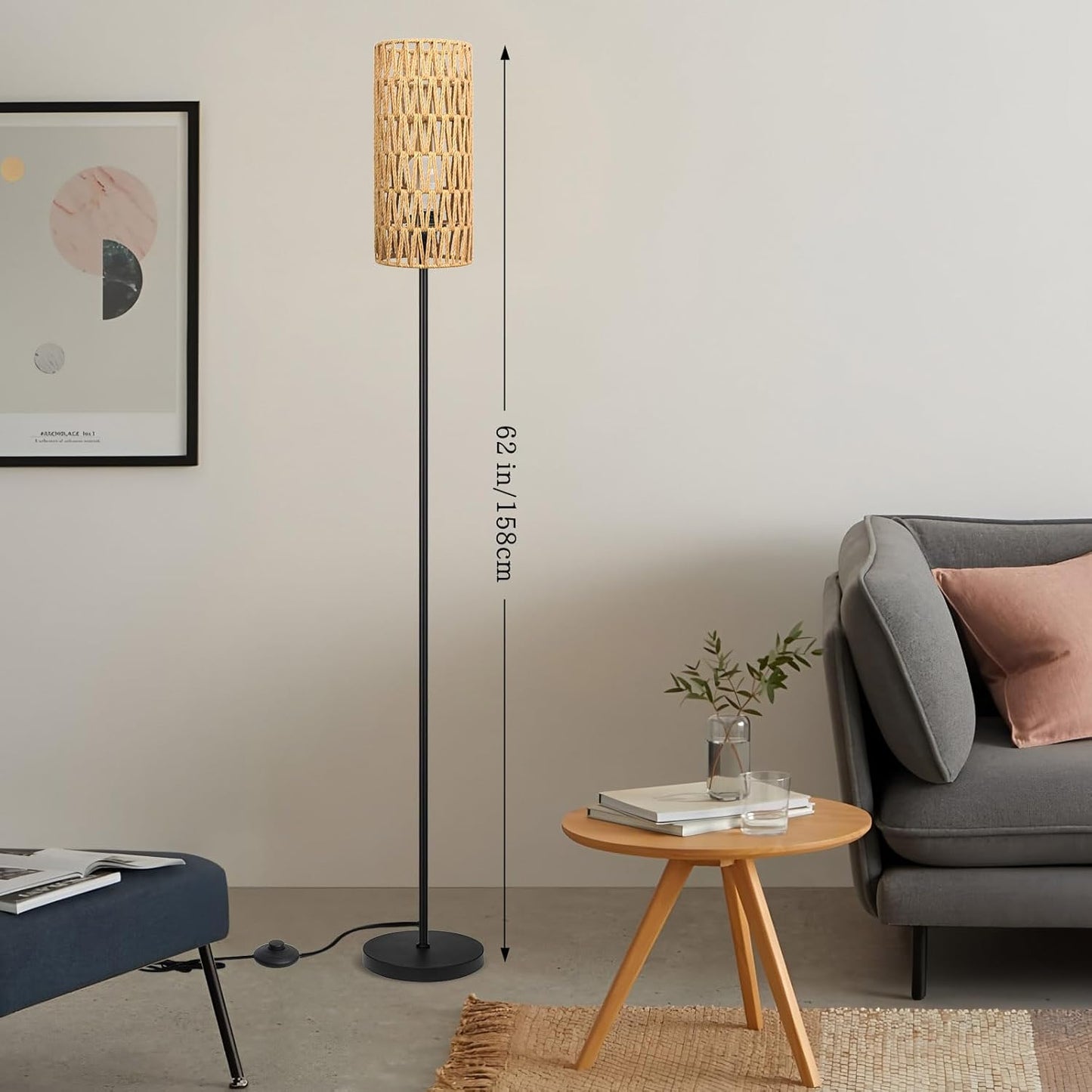 Floor Lamp for Living Room,Farmhouse Rattan Floor lamp,Modern Standing lamp with 3 Color LED Bulb,Black Tall Lamp with Foot Switch