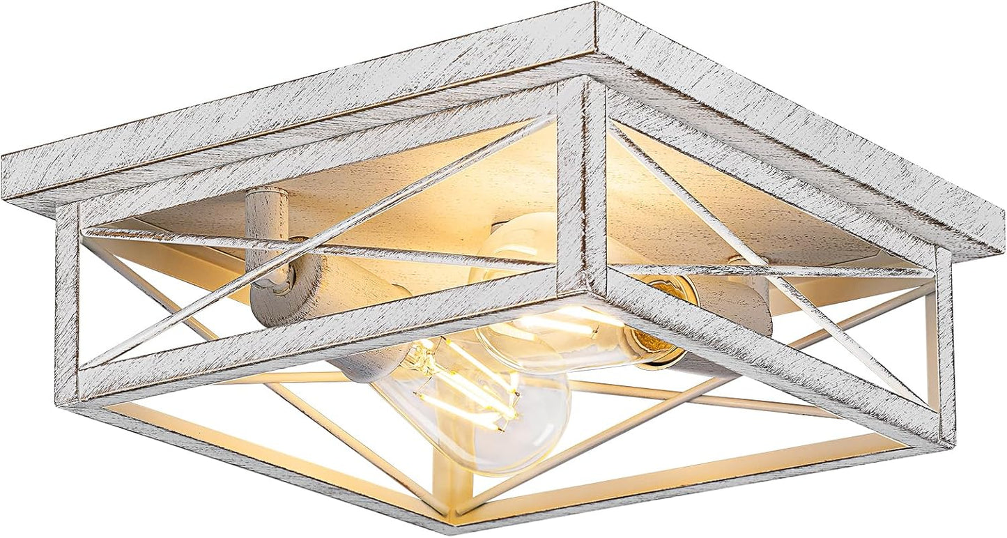 2-Light Industrial Square Flush Mount Ceiling Light, Farmhouse Ceiling Light Fixture for Kitchen, Modern Black Close to Ceiling Light for Hallway Bedroom Balcony Porch Stairway, E26, 2-Pack