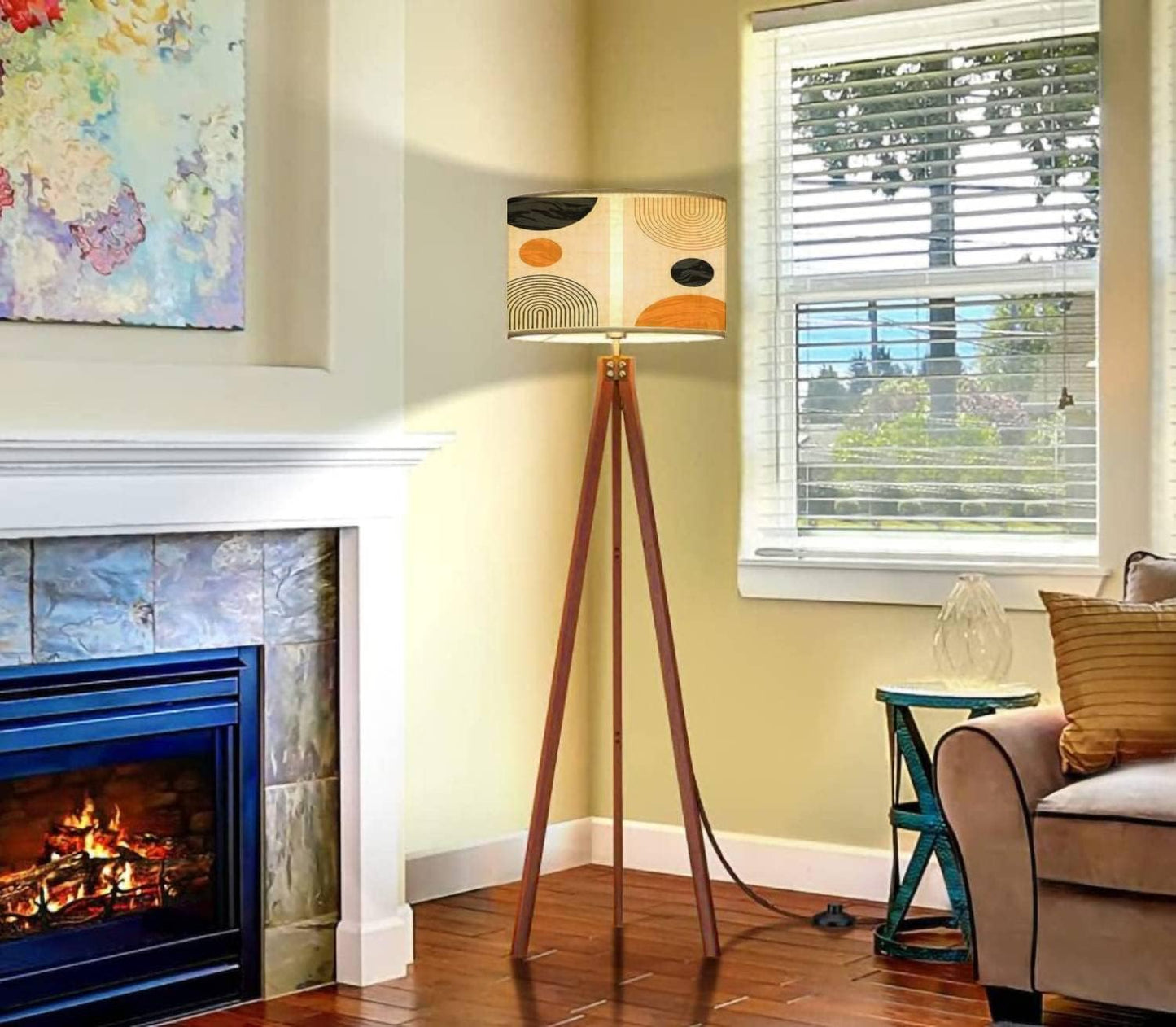 Wood Tripod Floor Lamp Abstract contemporary aesthetic backgrounds set geometric balance Linen Lampshade Dimmable Tall Corner Standing Lamp Modern Floor Reading Lamp for Living Room Bedroom
