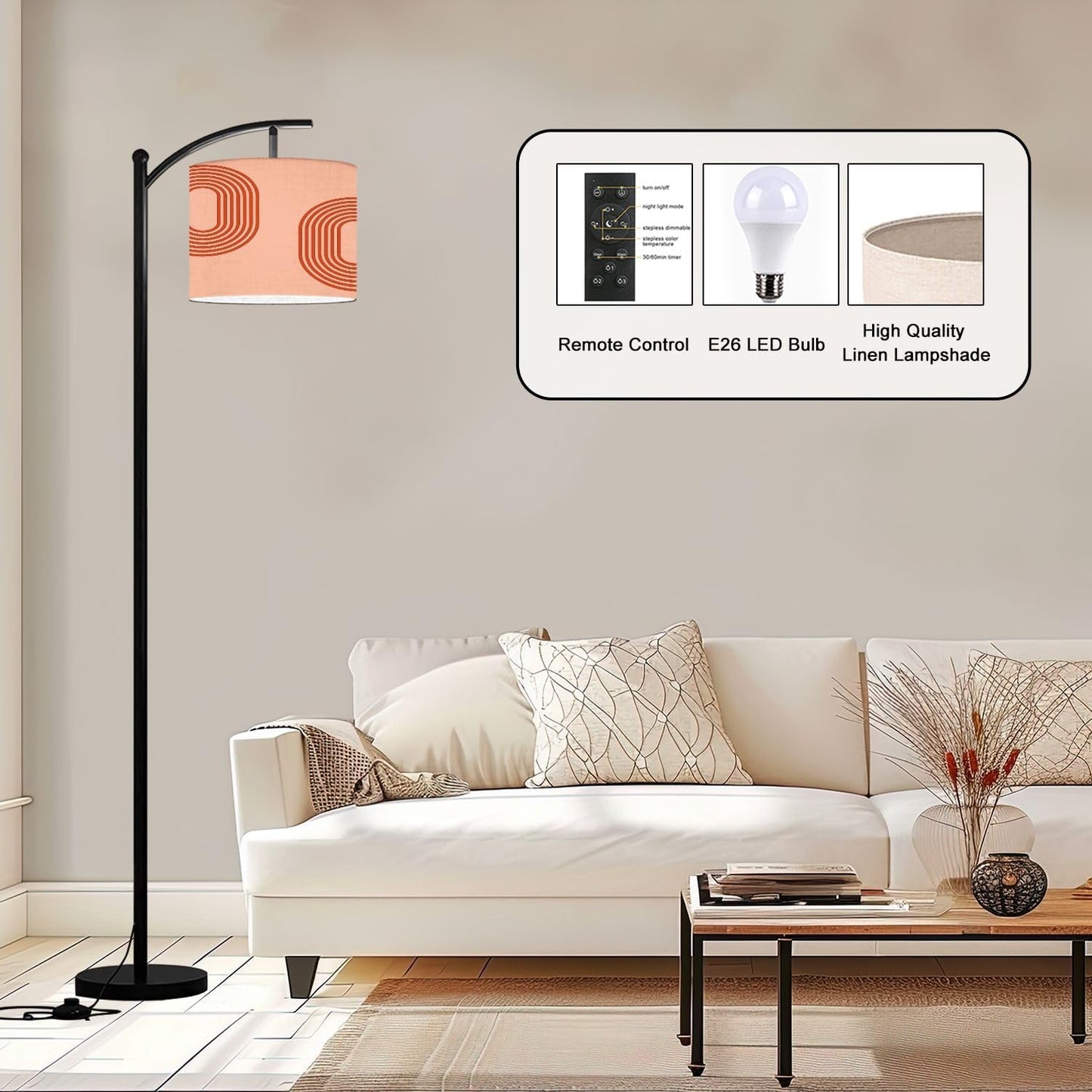 Arc Floor Lamp Abstract contemporary aesthetic geometric balance shapes rainbow Boho Tall Standing Lamp Modern Dimmable with Remote Adjustable Drum Shade Footswitch for Living Room Bedroom Office