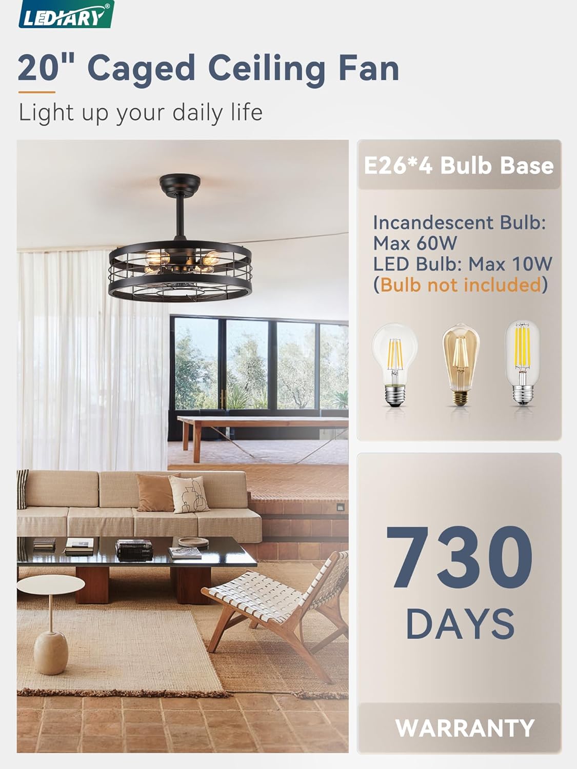 LEDIARY 20 inch Fandelier Caged Ceiling Fan with Light, Bladeless Ceiling Fan with Remote, Farmhouse Fan Lights Ceiling Fixtures for Kitchen, Bedroom, Outdoor(6 Speed, Timing)-Black