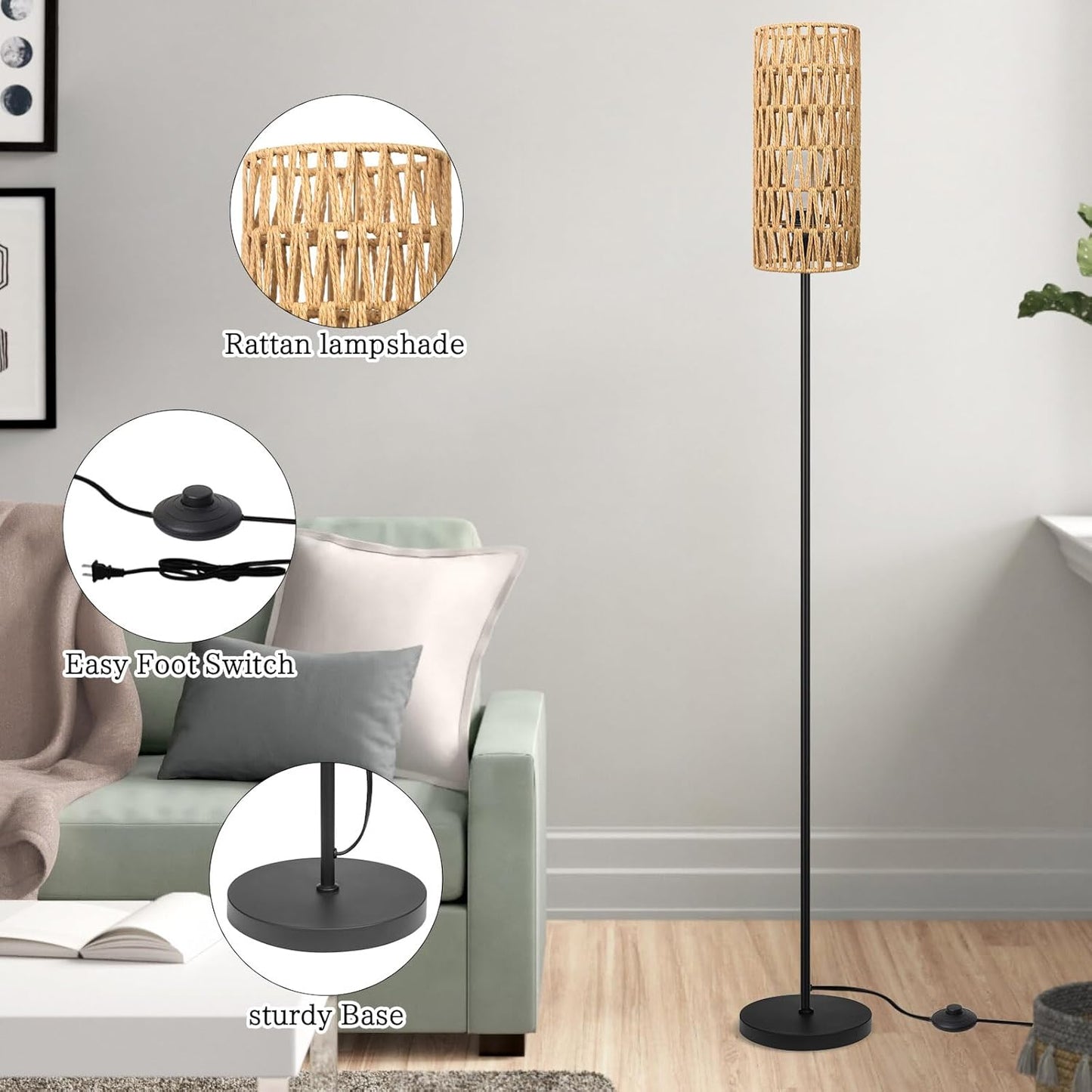 Floor Lamp for Living Room,Farmhouse Rattan Floor lamp,Modern Standing lamp with 3 Color LED Bulb,Black Tall Lamp with Foot Switch