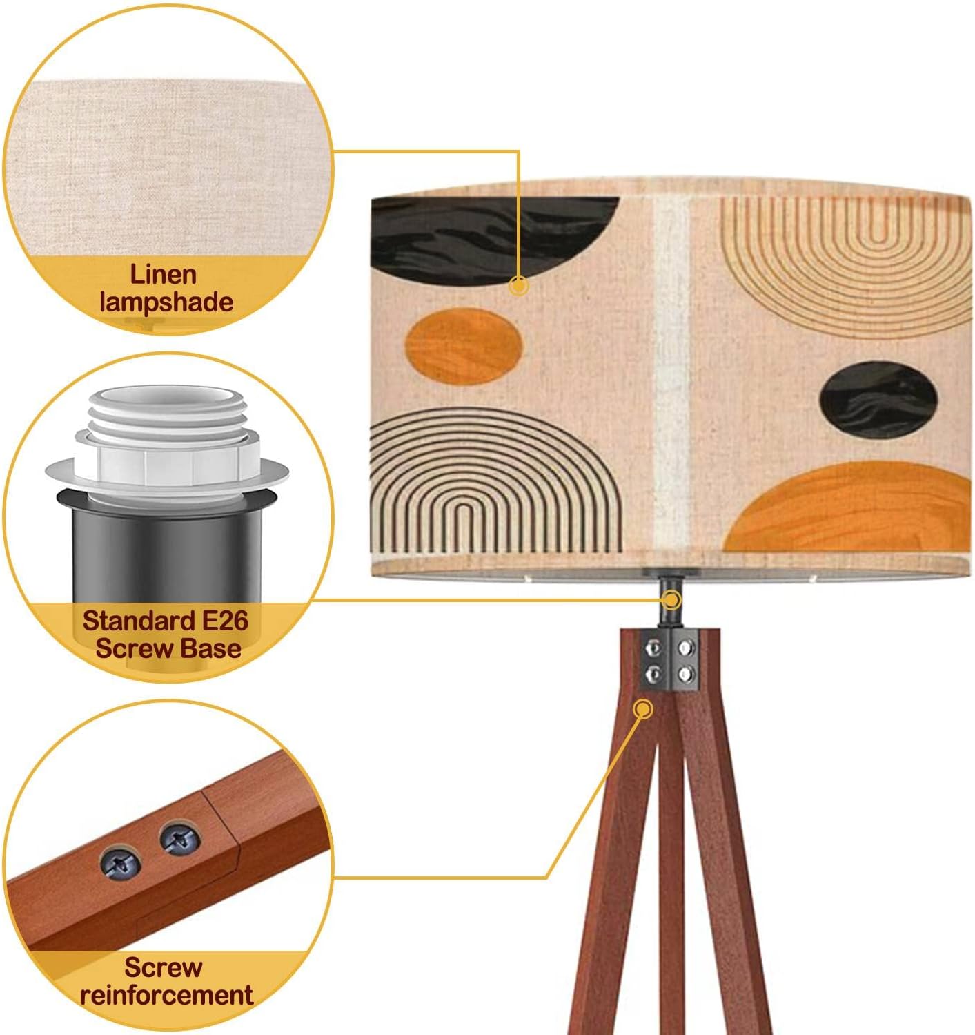 Wood Tripod Floor Lamp Abstract contemporary aesthetic backgrounds set geometric balance Linen Lampshade Dimmable Tall Corner Standing Lamp Modern Floor Reading Lamp for Living Room Bedroom
