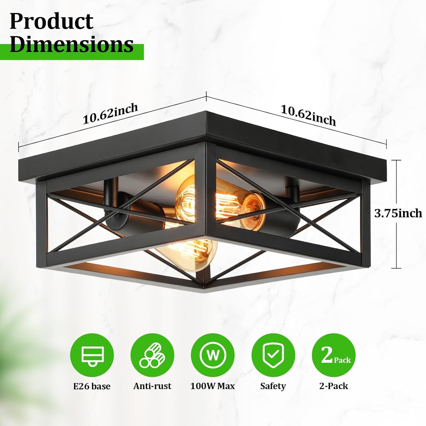 2-Light Industrial Square Flush Mount Ceiling Light, Farmhouse Ceiling Light Fixture for Kitchen, Modern Black Close to Ceiling Light for Hallway Bedroom Balcony Porch Stairway, E26, 2-Pack