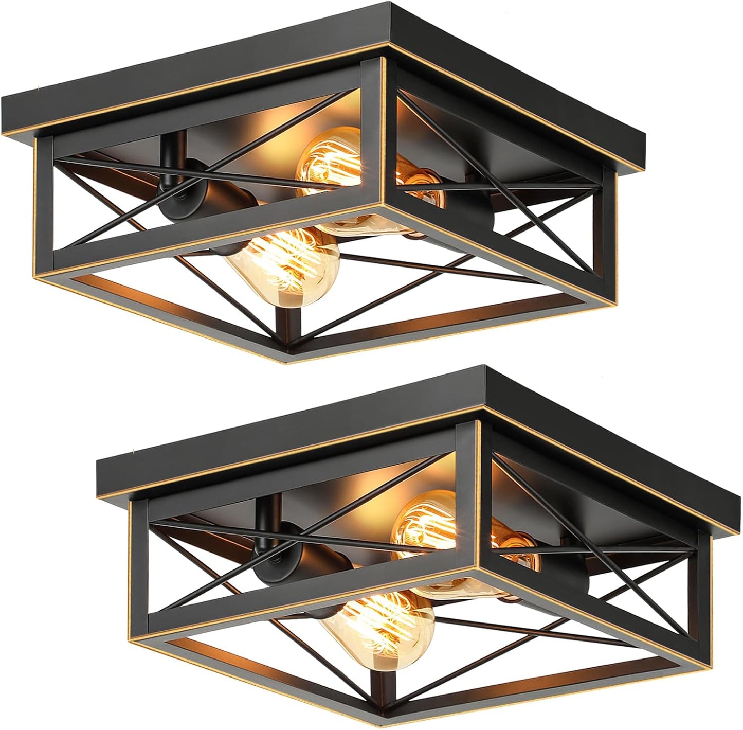 2-Light Industrial Square Flush Mount Ceiling Light, Farmhouse Ceiling Light Fixture for Kitchen, Modern Black Close to Ceiling Light for Hallway Bedroom Balcony Porch Stairway, E26, 2-Pack