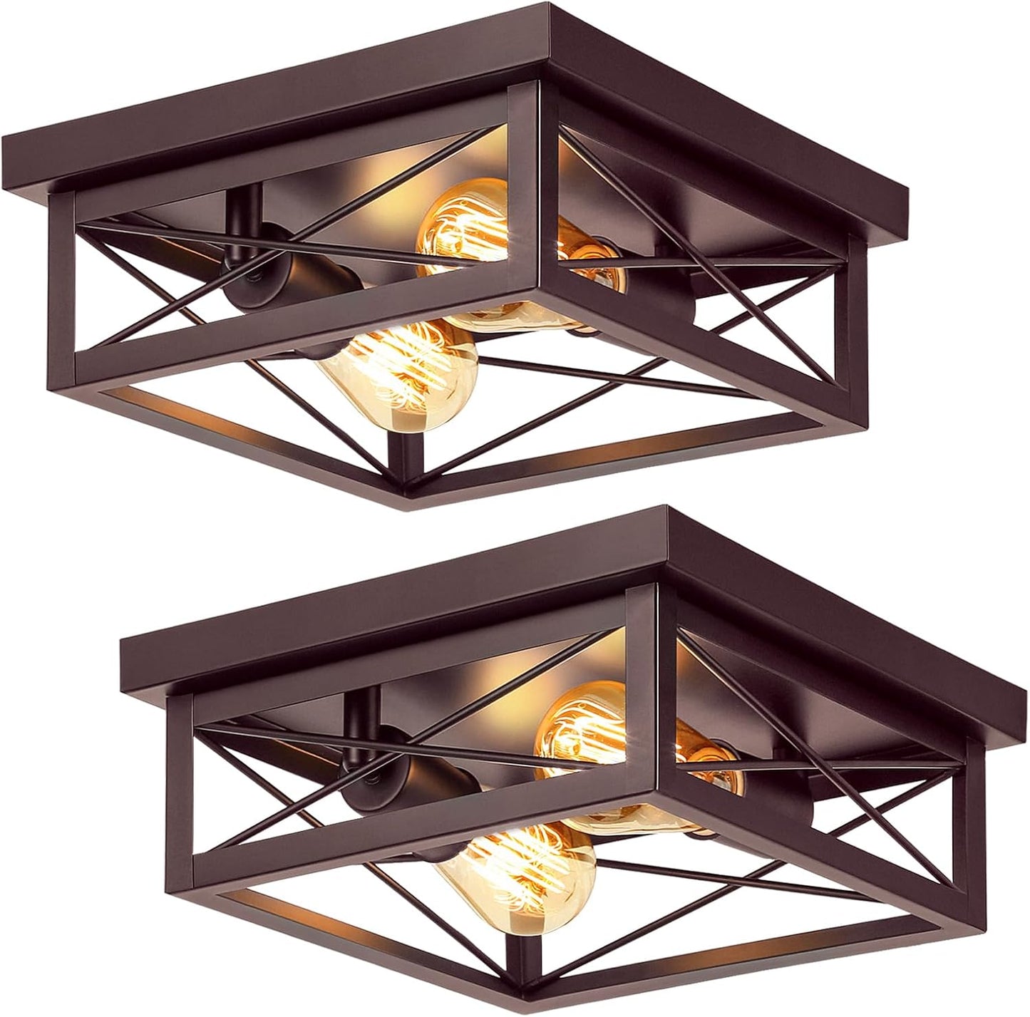 2-Light Industrial Square Flush Mount Ceiling Light, Farmhouse Ceiling Light Fixture for Kitchen, Modern Black Close to Ceiling Light for Hallway Bedroom Balcony Porch Stairway, E26, 2-Pack