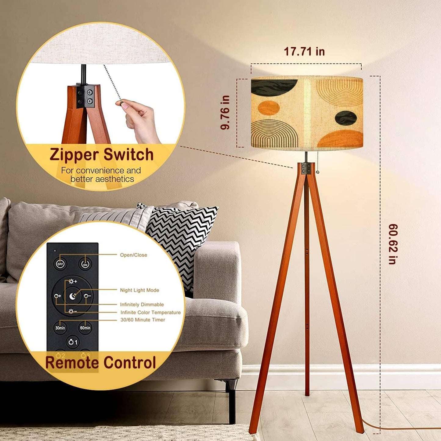 Wood Tripod Floor Lamp Abstract contemporary aesthetic backgrounds set geometric balance Linen Lampshade Dimmable Tall Corner Standing Lamp Modern Floor Reading Lamp for Living Room Bedroom