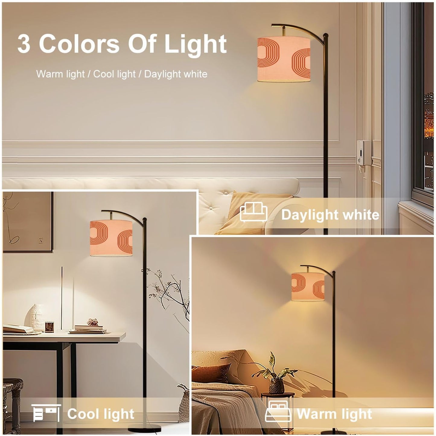 Arc Floor Lamp Abstract contemporary aesthetic geometric balance shapes rainbow Boho Tall Standing Lamp Modern Dimmable with Remote Adjustable Drum Shade Footswitch for Living Room Bedroom Office