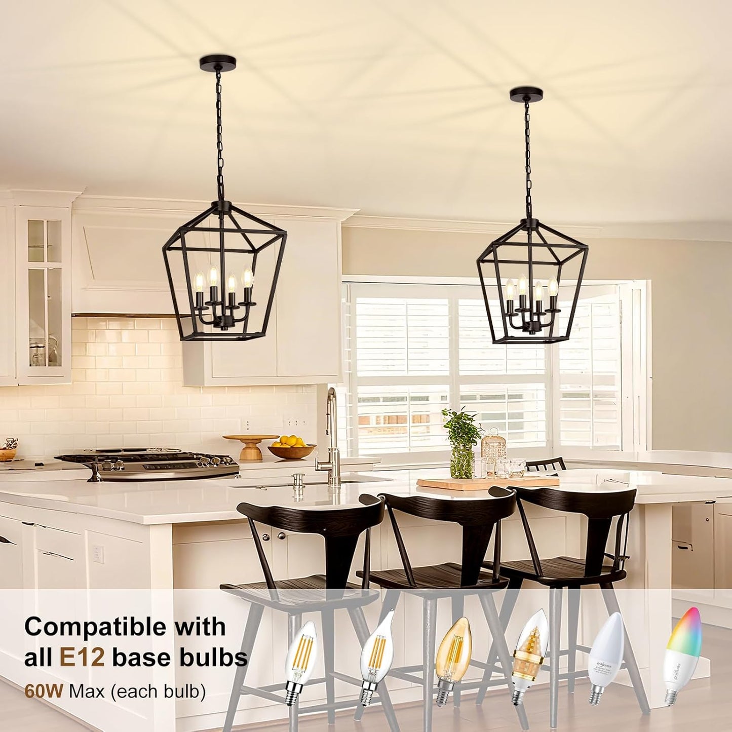 4 Light Chandelier, Industrial Ceiling Light Black Lantern Light Fixtures with Farmhouse Metal Cage Adjustable Height Rustic Geometric Hanging Light E12 Base for Kitchen Island, Entryway, Indoor