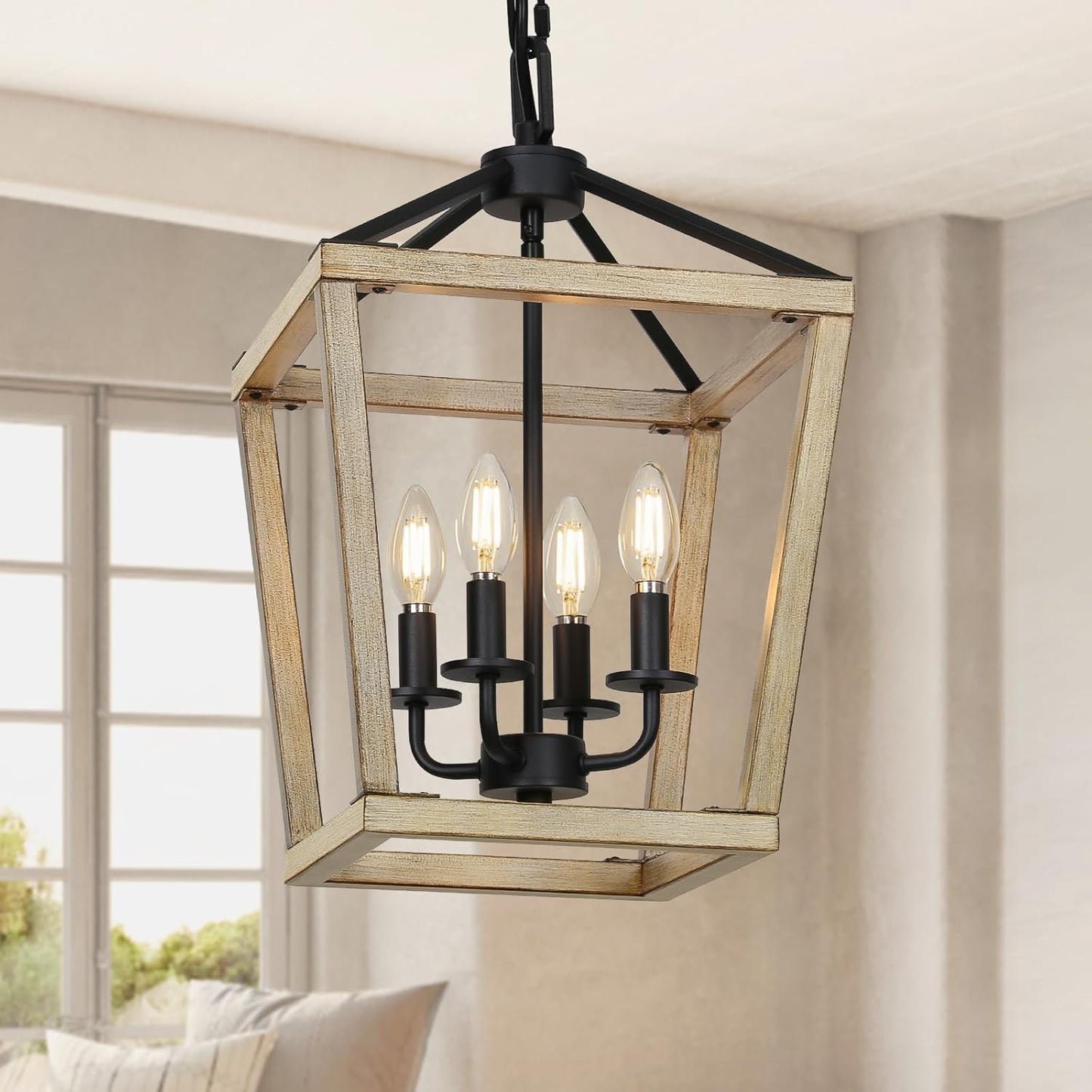 4 Light Chandelier, Industrial Ceiling Light Black Lantern Light Fixtures with Farmhouse Metal Cage Adjustable Height Rustic Geometric Hanging Light E12 Base for Kitchen Island, Entryway, Indoor